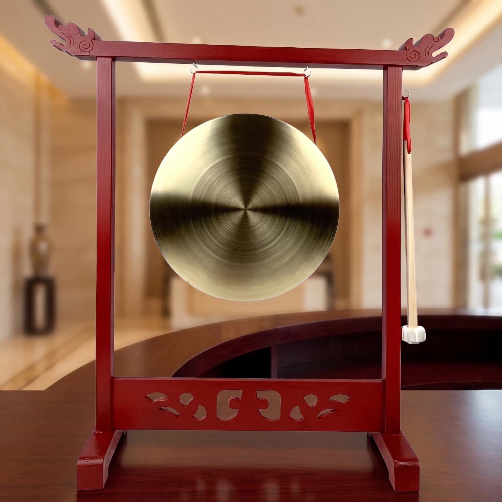 rockible Gong con Soporte Madera | Relajante, Verdadero, Gong Decorativo, para Inauguraciones, Oficina, 25CM