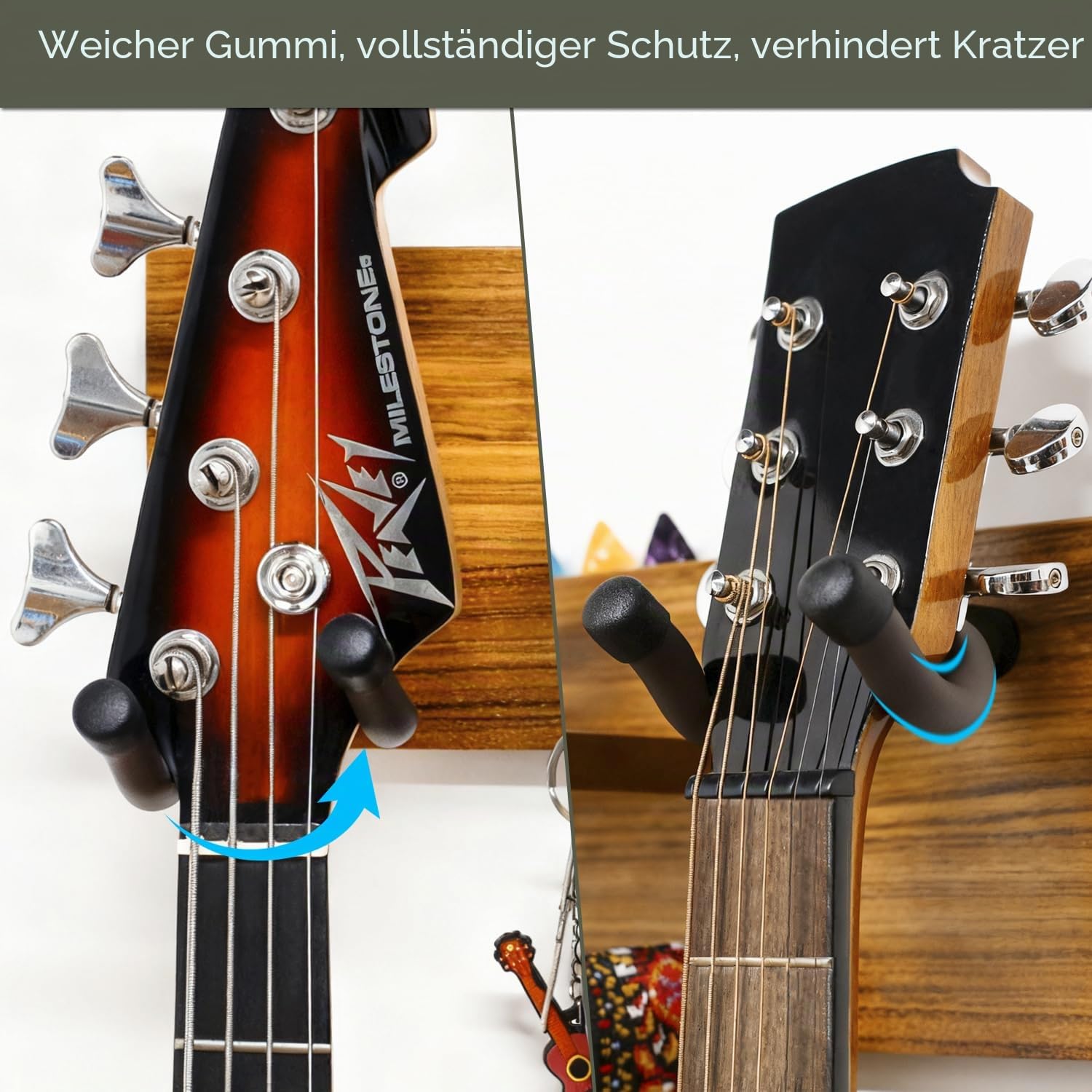 Gitarrenwandhalterung,Massivholz, Gitarrenwandaufhänger mit 3 Aufbewahrungshaken und 2 drehbaren Gummi Gitarrenaufhängern,Gitarrenständer mit Ablage und Plektrum Halter