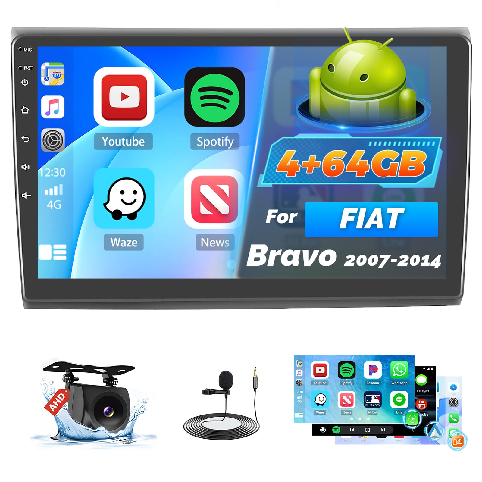 Roinvou 4+64G Radio Coche para FIAT Bravo 2007-2014 Carplay Inalámbrico Android Auto, Android Pantalla Radio Coche 9 Pulgadas MirrorLink Bluetooth WiFi GPS 32EQ RDS/FM SWC Cámara
