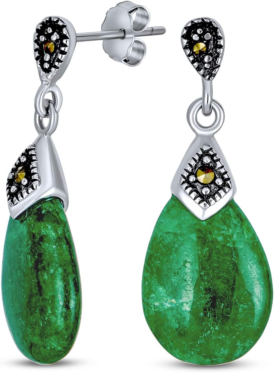 Boucles D'oreilles émeraude & Diamants En Argent 925 - Forme Poire, Pierres Naturelles - Neuf