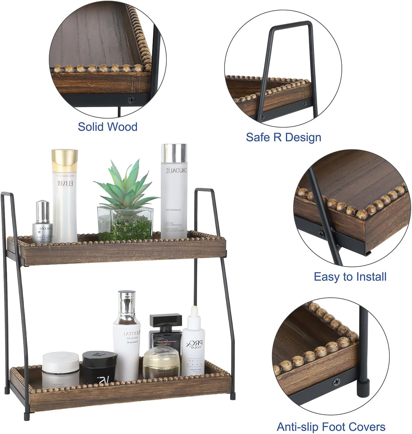 Gurfuy Bathroom Vanity Organizer 2-Tier Wood Countertop Storage Counter Shelf for Makeup Skincare Perfume Jewelry Tray Spice Rack Brown