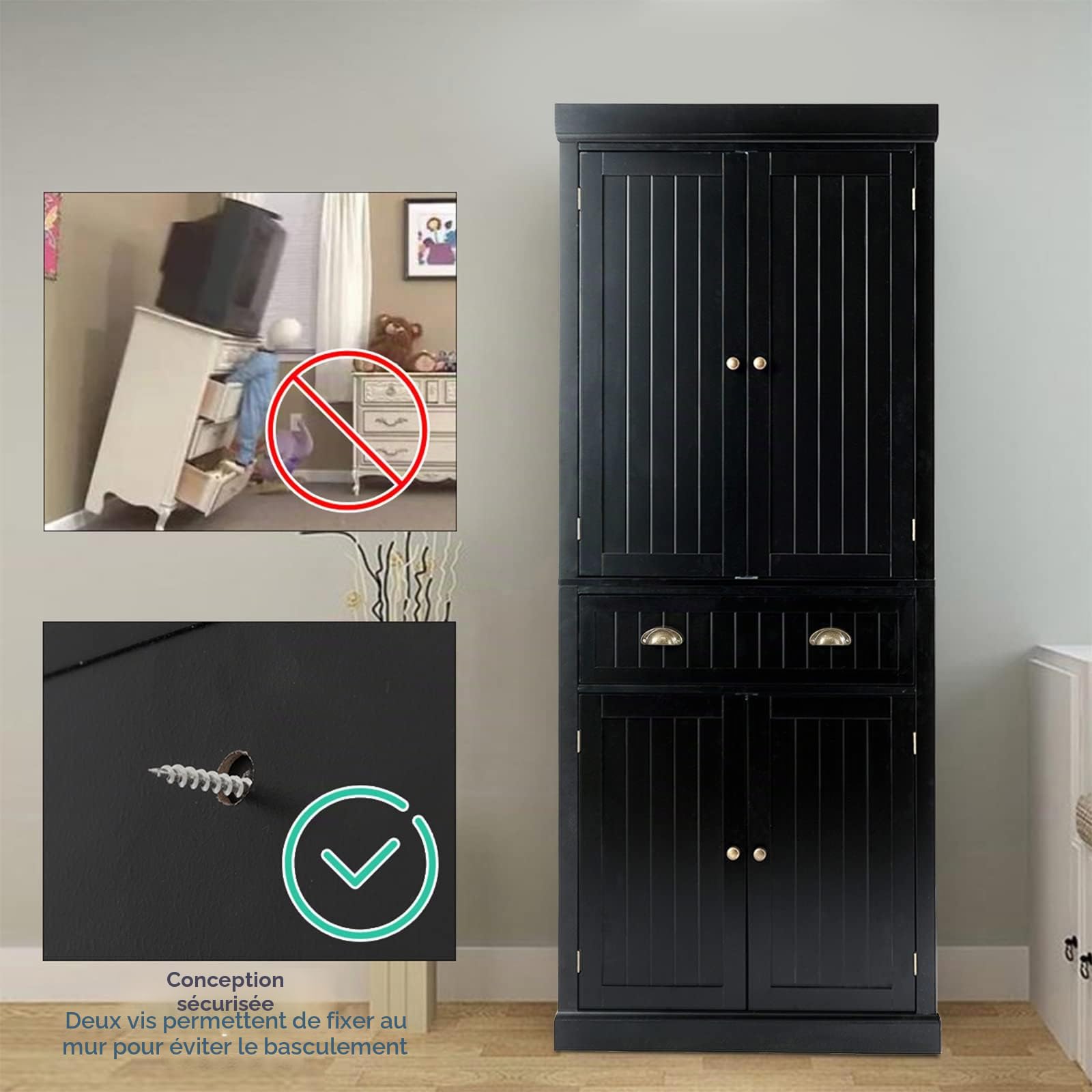 GIANTEX Meuble de rangement pour cuisine, salon, salle de bain avec 1 tiroir et 4 portes, 76 x 40 x 183,5 cm, meuble de rangement pour cuisine, salon et salle de bain, noir