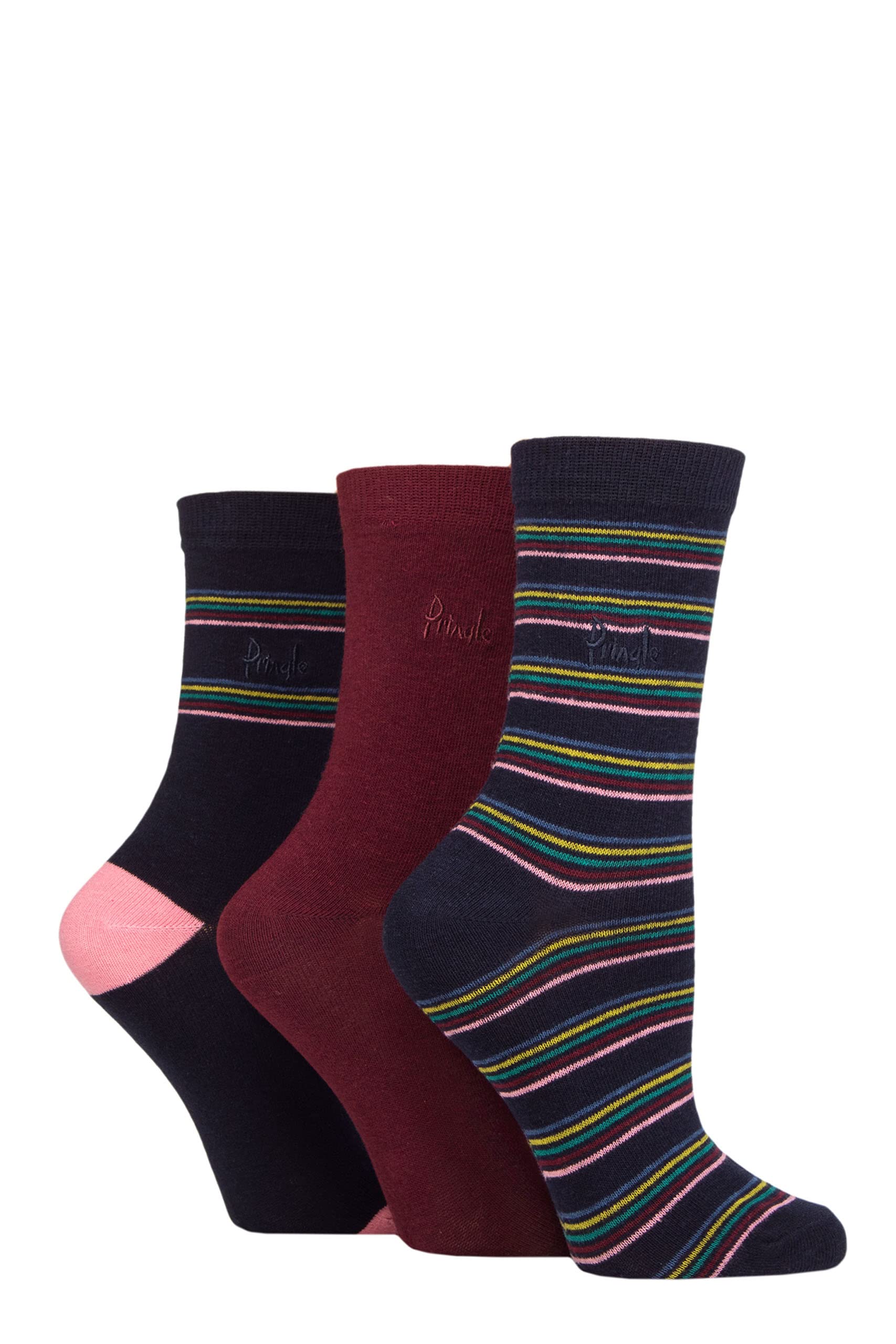 Pringle Ladies Patterned Cotton and Recycled Polyester Socks Pack of 3 Multi Colour Stripes Navy 4-8