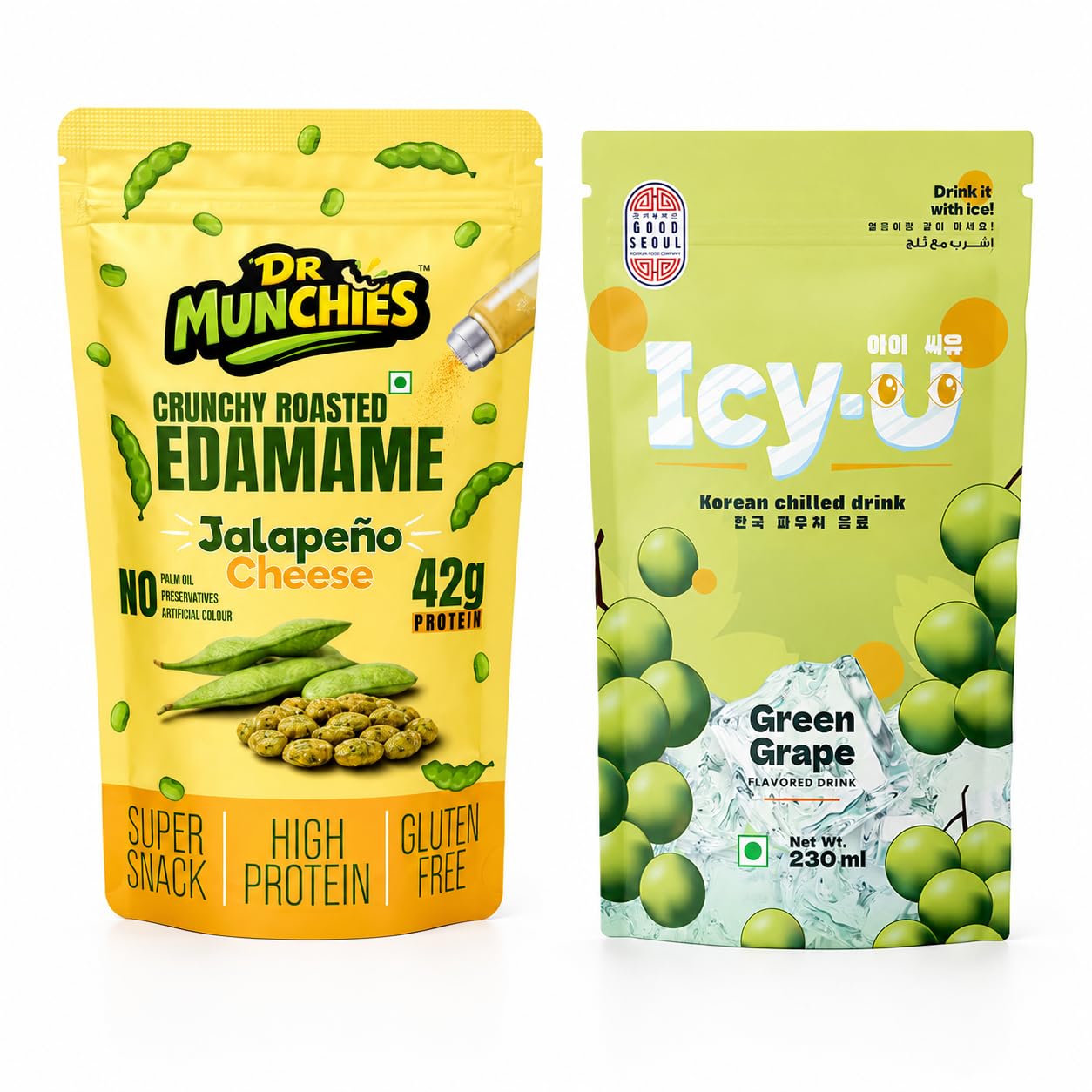 Dr Munchies Jalapeño Cheese High Protein Roasted Edamame 3.53 oz ℮ 100 g + Good Seoul Icy-U Green Grape Drink 7.78 fl oz ℮ 230 ml, Combo Pack-image-2