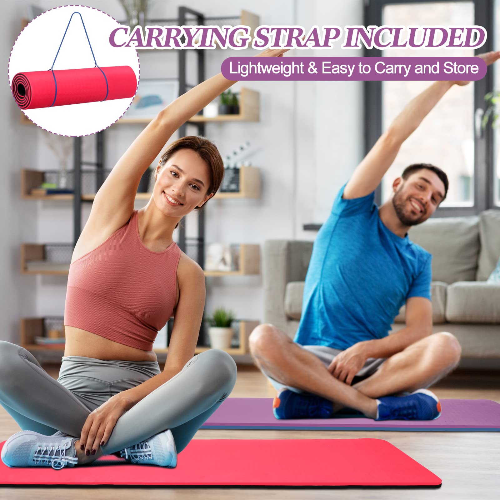 Feetlu Yoga Mat Thick With Strap, 2/5 Inch (10MM) Extra Thick