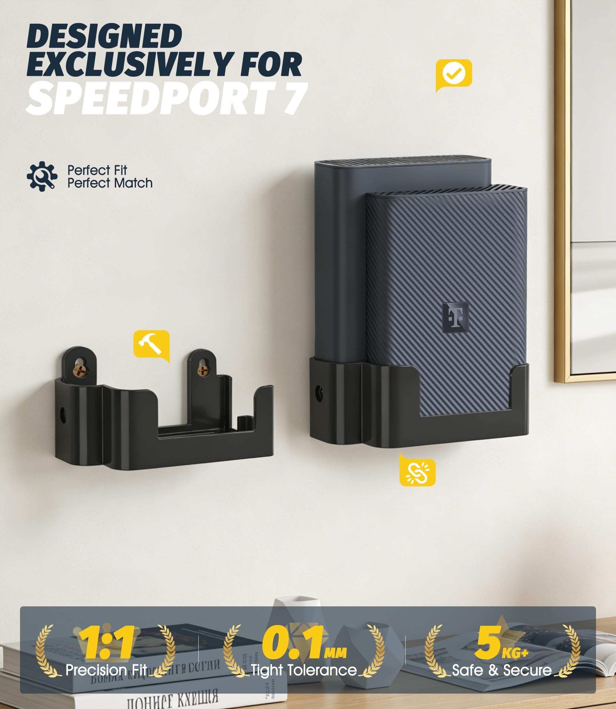 NEWZEROL Wandhalterung für Telekom Router Speedport 7, Kabelmanagement & optimierter Hitzeableitung, Hergestellt aus Hochwertigkunststoff, Platzsparend & Stabil Wi-Fi 7 Glasfaser-Modem Halter -Schwarz - 2