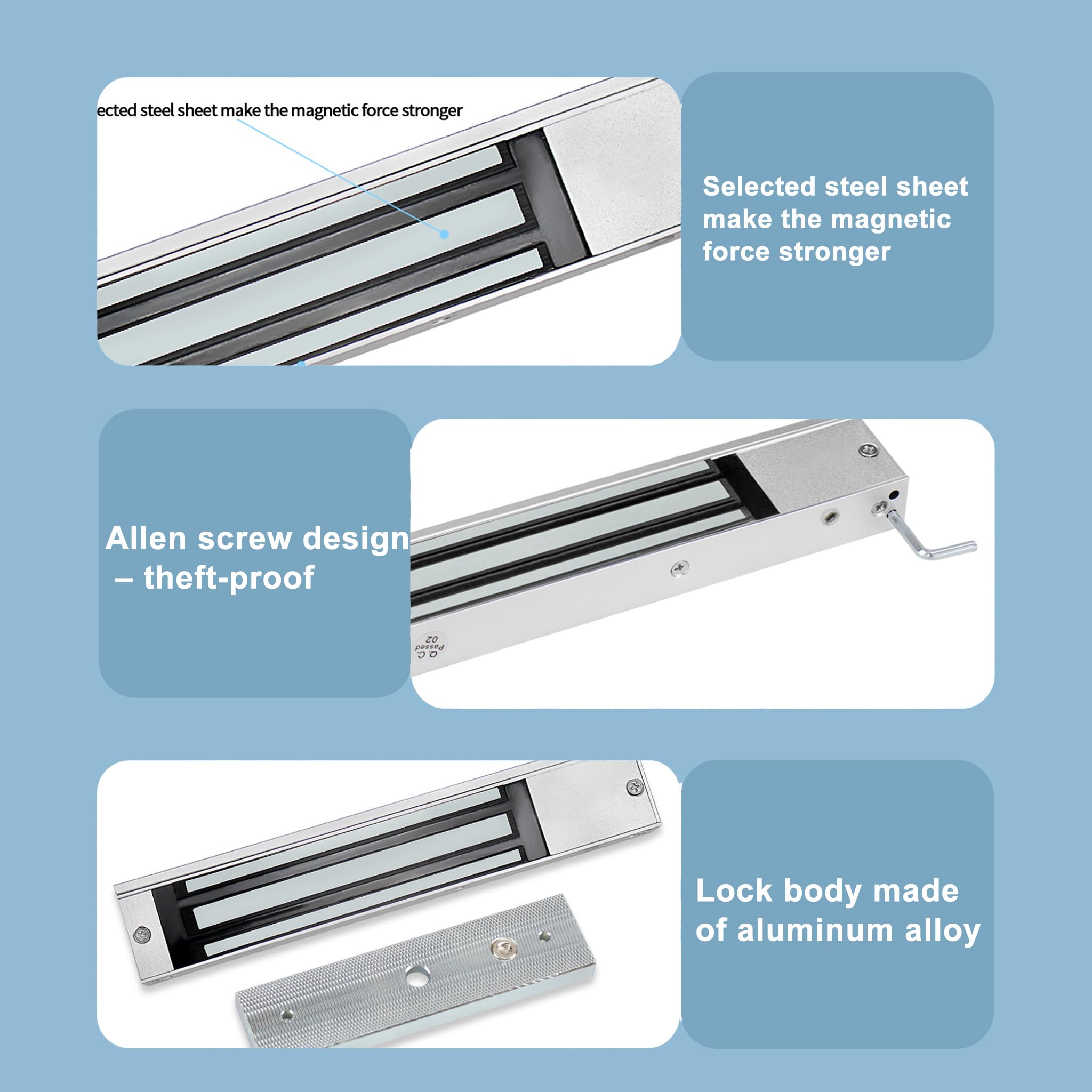 Système de contrôle d'accès à verrouillage magnétique en acier inoxydable – 60 kg/180 kg/280 kg Serrure électrique à sécurité défaillante, montage en surface, boîtier en alliage d'aluminium