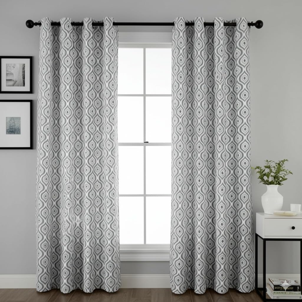 Natural 100% Cotton Curtains for Living Room Farmhouse 63 Inches Long Curtains for Bedroom Country Rustic Semi Blackout Geometric Kitchen Window 2 Panels Set Off White Grey 52” W x 63" L