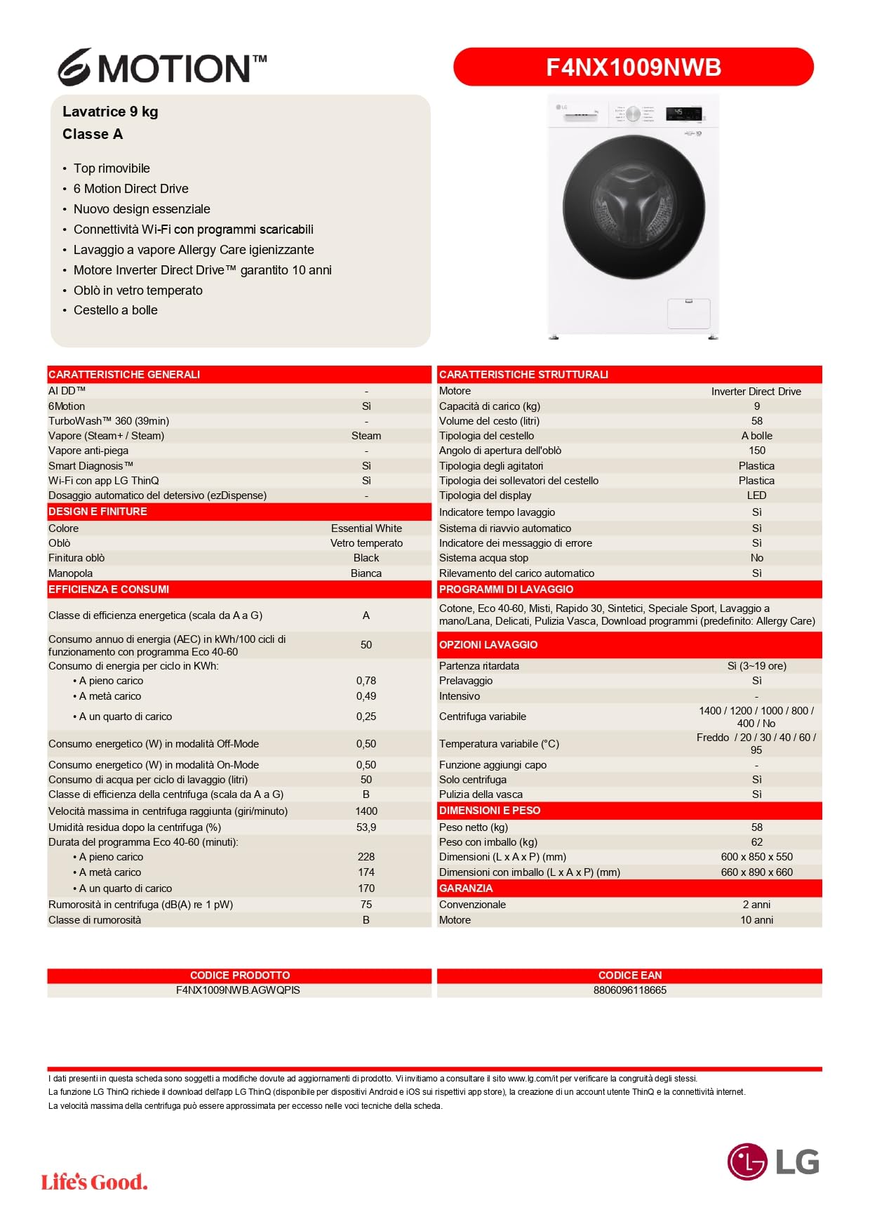 LG F4NX1009NWB Lavatrice 9 kg a Carica Frontale Serie X1, Classe A, 1400 giri, Wi-Fi, 6 Motion Direct Drive, Lavaggio a Vapore Allergy Care, Libera installazione, Essence White