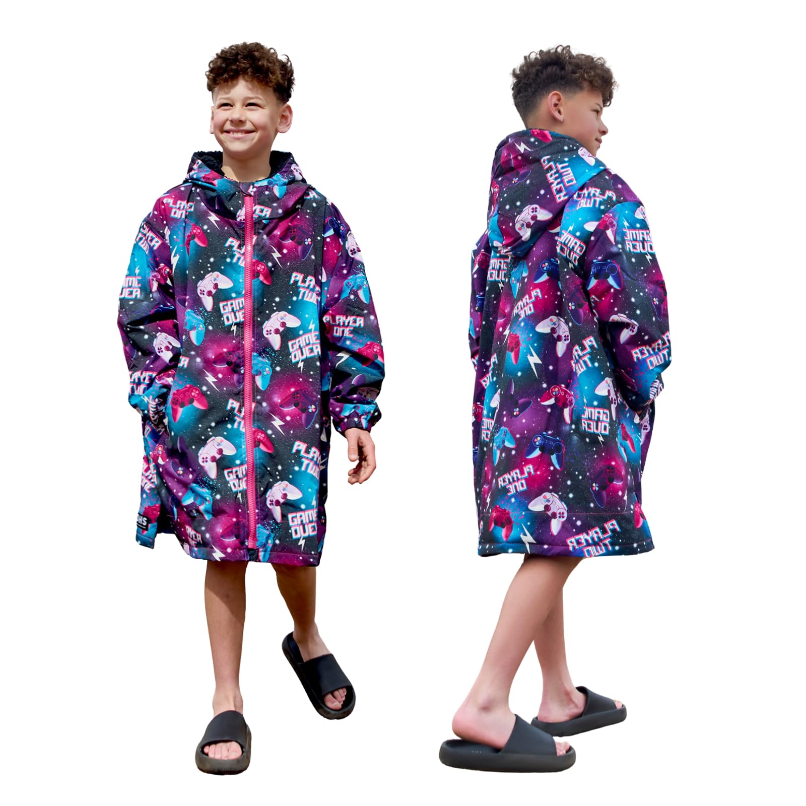 Ohs Unisex Kids Purple - Gaming Kids Dry Robe, Oversized Kids Waterproof Jacket Fleece Lining Boys Girls Coat Changing Robe With Hood & Pockets Lightweight Wind Resistant Breathable Rain Coat For Outdoor, Purple Gaming - L/Xl