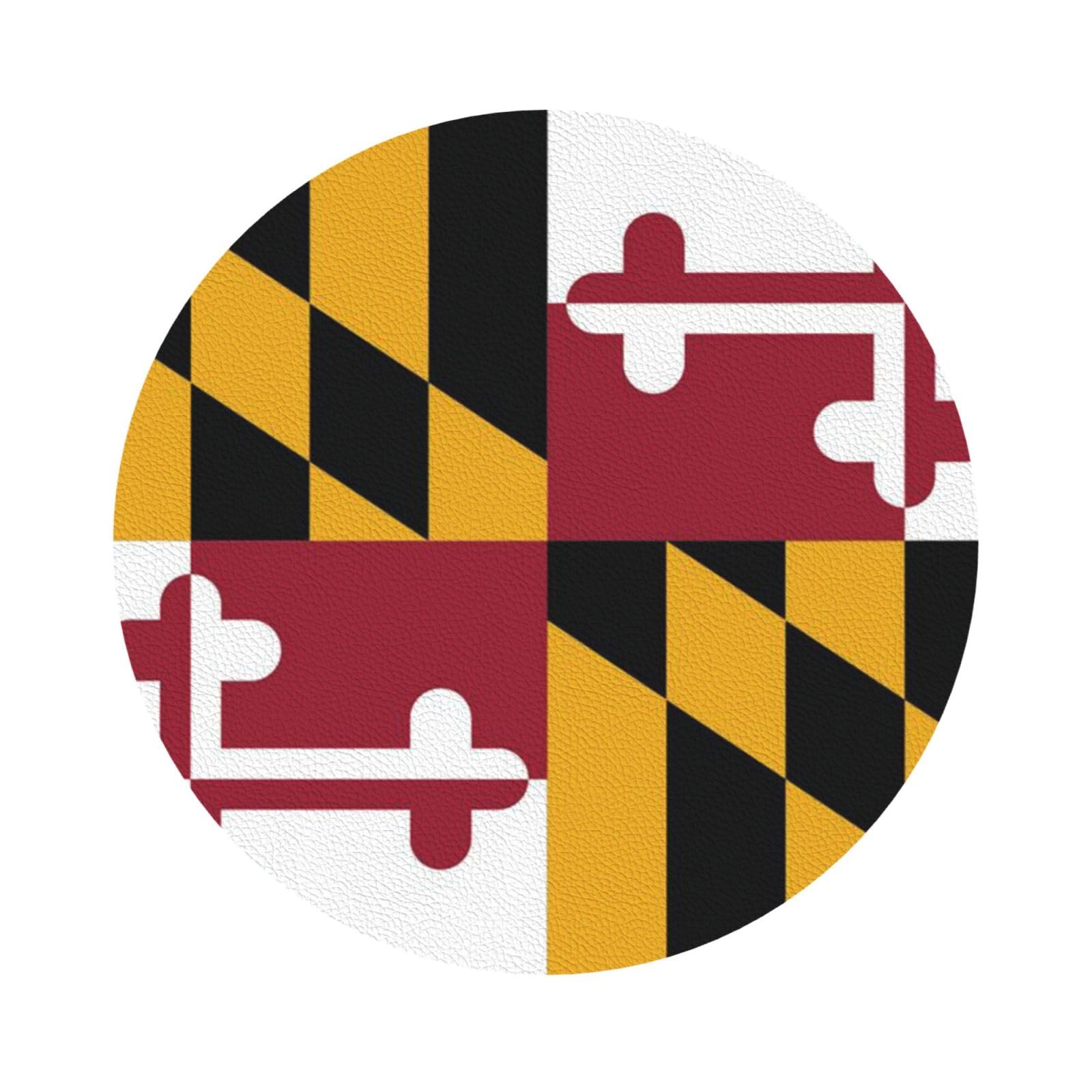 Flag of Maryland PU Leather Coasters Set of 6 Round Drink Coasters