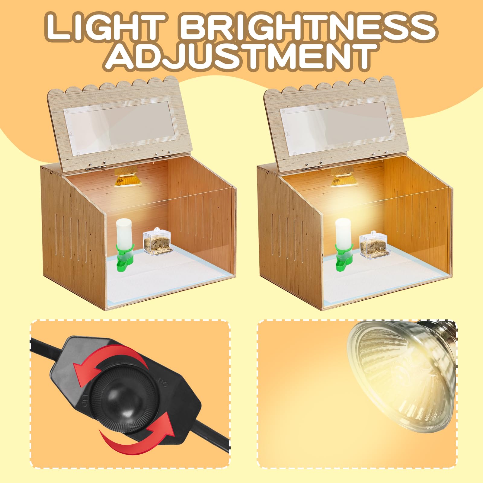 Kit de caja de madera para criar pollos con lámpara de calefacción, termómetro, alimentadores de alimentos y agua, 15.7 x 11.8 x 11.8 pulgadas, juego completo de guardería para mascotas pequeñas con