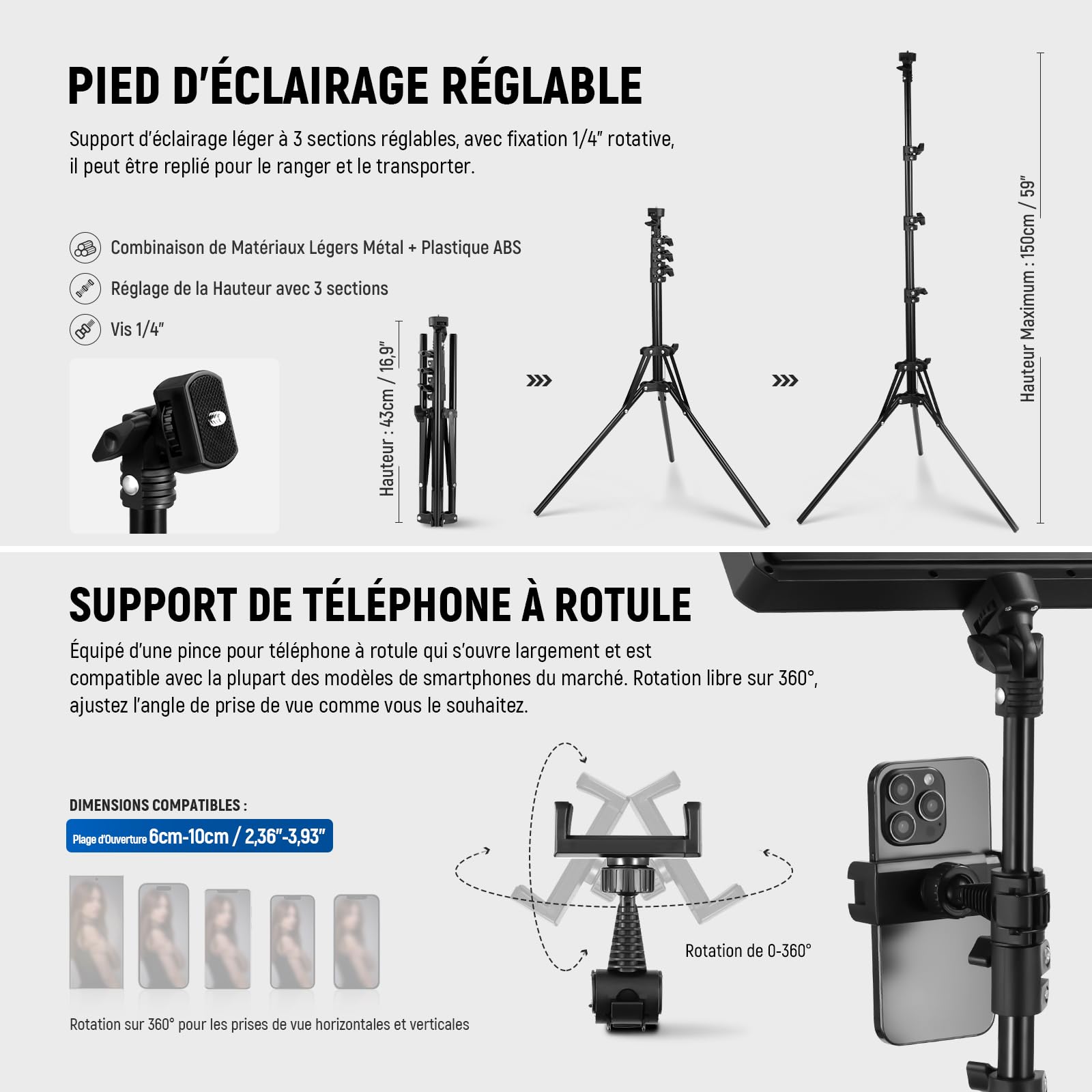NEEWER BASICS Kit d'Lampe Photo, 2 Panneau LED, Bicolore 2700-6500K, Intensité Variable, avec 2 Trépieds de 59 pouces et 2 Supports de Téléphone,850lux pour Vidéo Photographie Tournage Streaming,BP300
