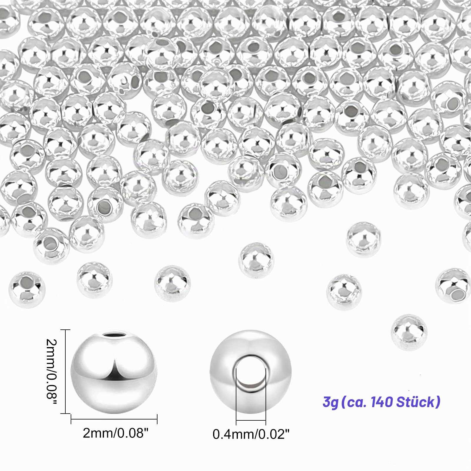 PH PandaHall 2mm 925 Sterling Silber Perlen, 180 Stück Langlebige Runde Glatte Zwischenperlen Nahtlose Lose Kugelperlen Metallperlen Für Weihnachtsdeko Stapelbare Halskette, Armband, Ohrring Machen