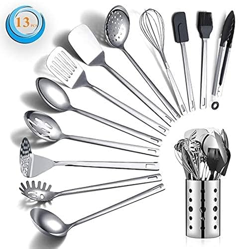 Stainless Steel Cooking Utensils Set, Berglander 13 Pieces Kitchen Utenisls Set, Kitchen Tools Set with Utensil Holder Non-Stick and Heat Resistant,Dishwasher Safe, Easy to Clean (13 Packs) - A. 13 Pieces