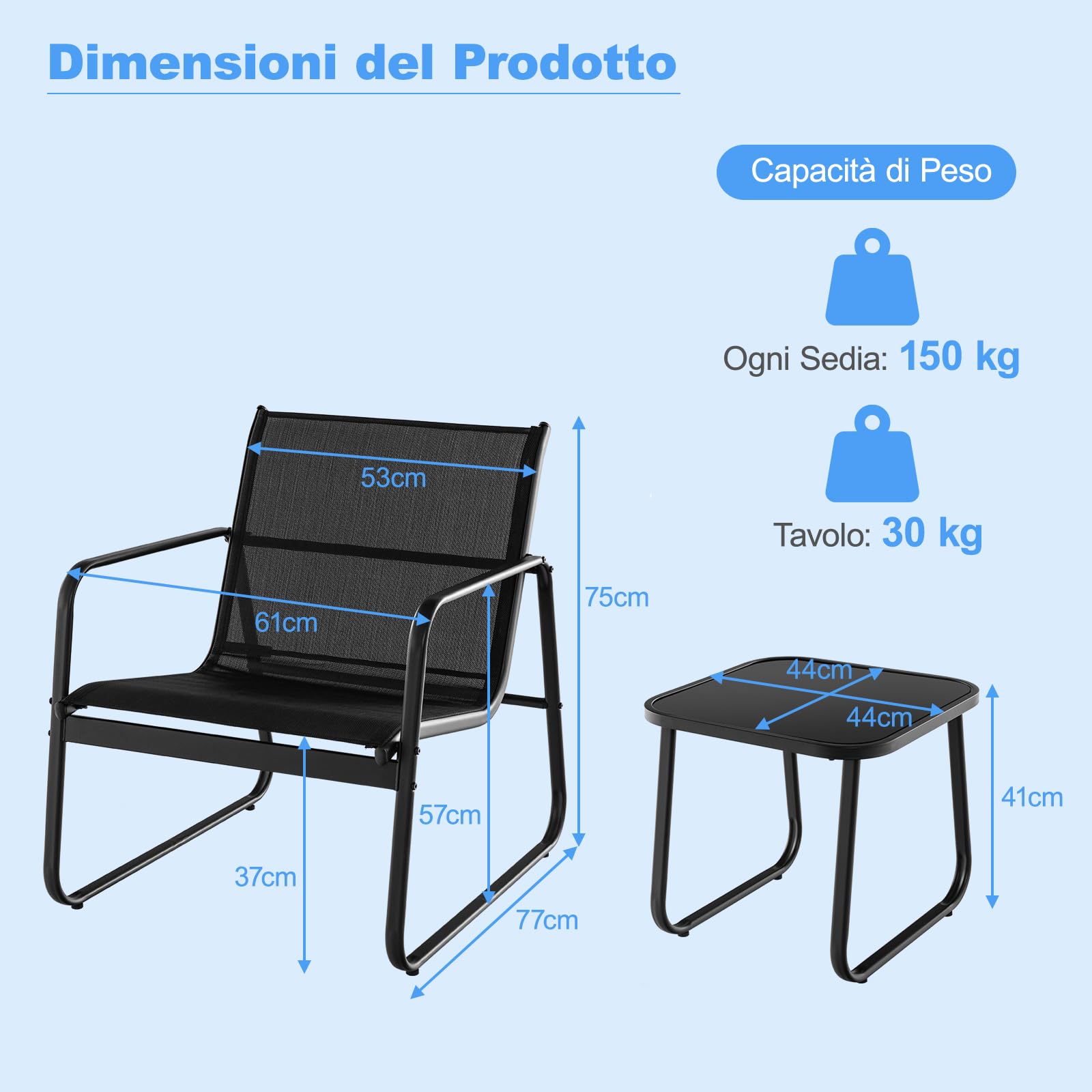 COSTWAY Set Tavolino e Sedie da Giardino, Set Bistrò 3 Pezzi, Set da Giardino in Metallo e Tessuto Textilene, Tavolino in Vetro Temperato, per Giardino, Cortile, Bordo Piscina (Nero)