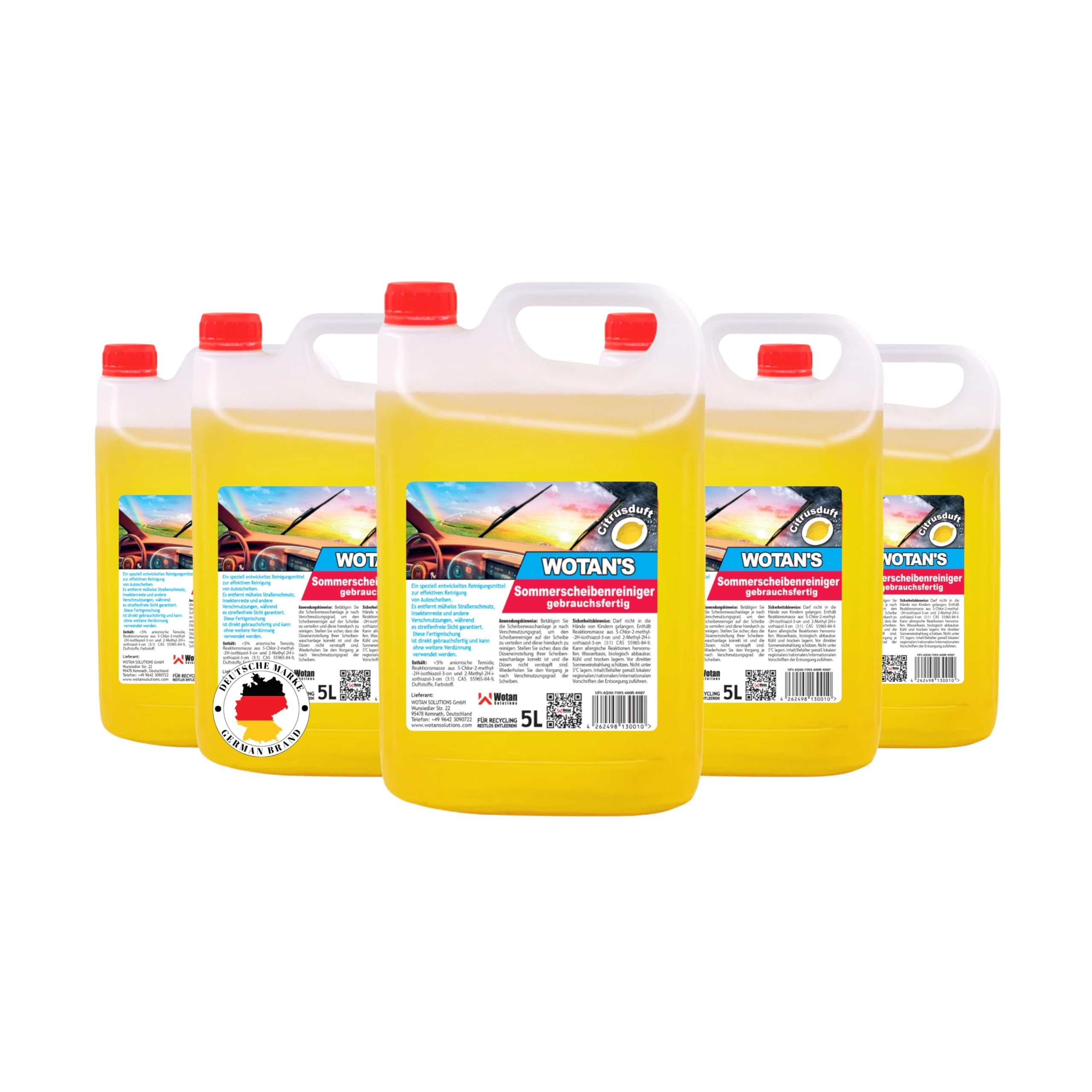 Wotan's 25L Scheibenreiniger | Scheibenwischwasser Sommer Citrusduft | streifenfrei – getestet | Premiumqualität aus Deutschland | polycarbonatverträglich und Fächerdüsengeeignet (5x5 Liter) - 1