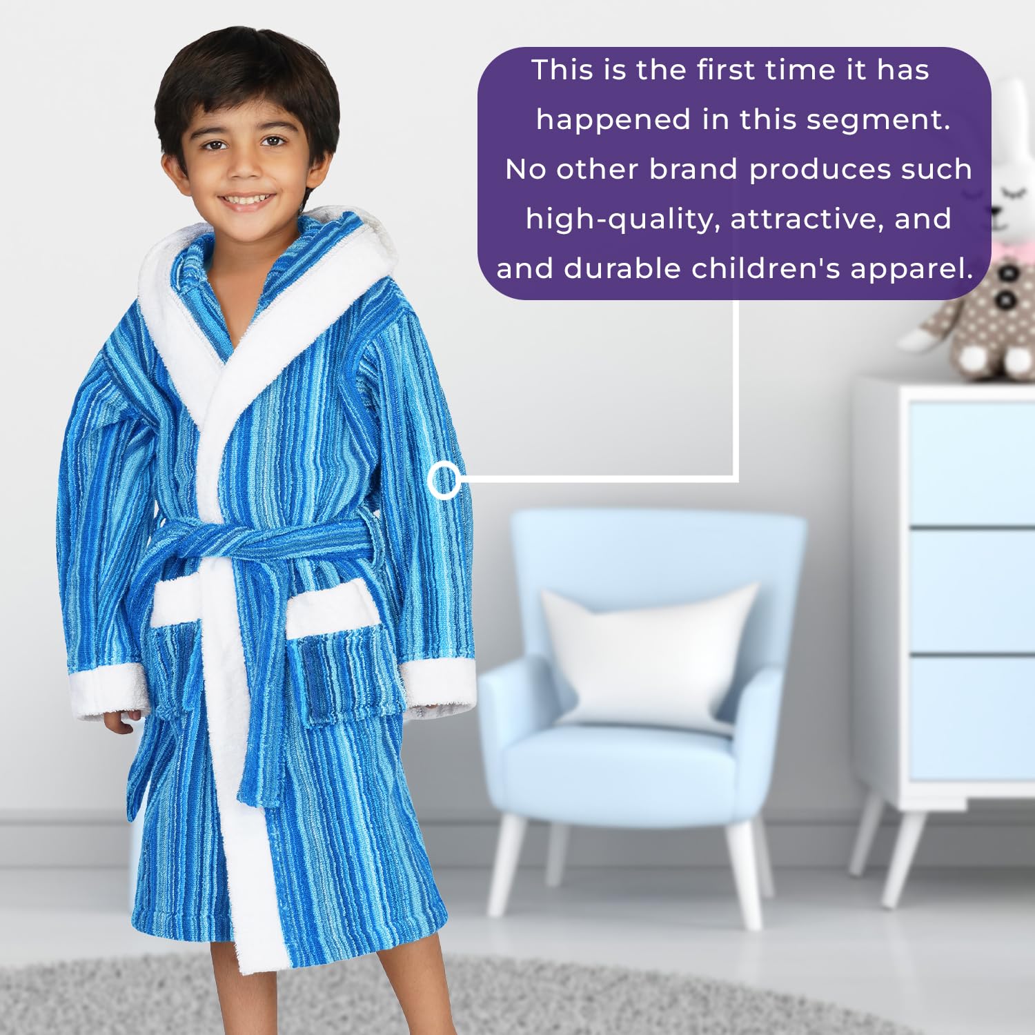 RANGOLI Tonal 100% Cotton Bathrobe For Kids - AQUA| 400 GSM Ultra soft, Super Absorbent Hooded After Swimming Bath Robe for Boys & Girls | Unisex Bathing Gown For Children - 7-8 Years Old 4
