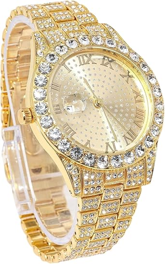 Gold Diamond Watch for Men - 43mm Roman Numerals Round Dial - 18K Real Gold/Platinum Plated 22.5cm Strap - Japanese Quartz - Luxury Jewelry - Can Paired with Cuban Chain