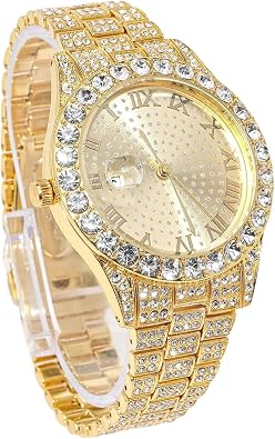 Gold Diamond Watch for Men - 43mm Roman Numerals Round Dial - 18K Real Gold/Platinum White Gold Plated 8.8" Strap - Japanese Quartz - Luxury Jewelry - Can Paired with Cuban Chain