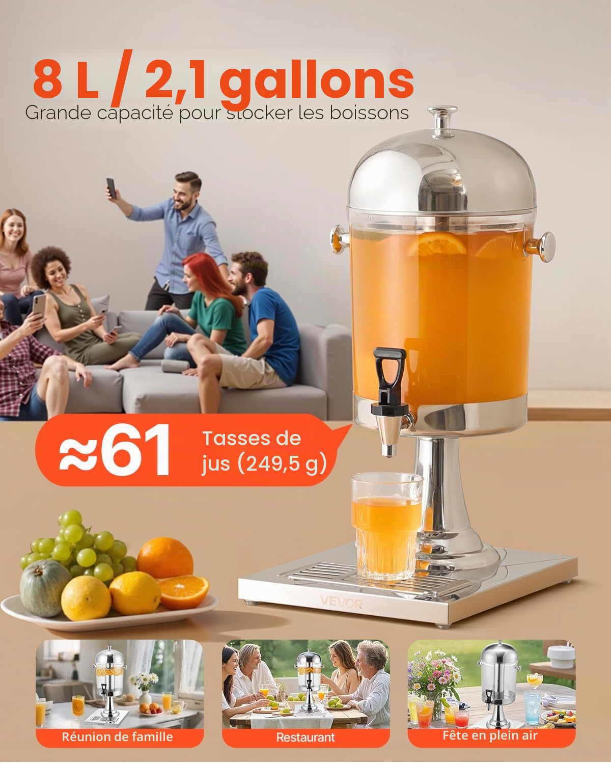 VEVOR Distributeur de Boissons Capacité 8 L, Fontaine à Eau en Acier Inoxydable et Plastique, avec Robinet, Compartiment à Glace et Plateau, Distribution de Jus Limonade Thé Glacé, Restaurant Café