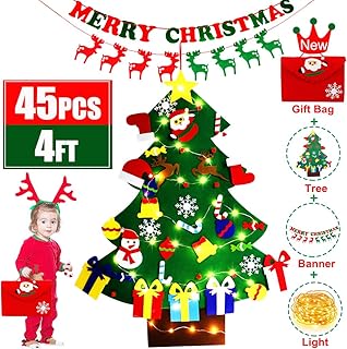 4ft DIY Felt Christmas Tree with Light for Kids Wall 45pcs Detachable Christmas Tree Ornaments Wall Decor Door Hanging Christmas Tree Set with Banner/Storage Bag Xmas Gifts New Year Decorations