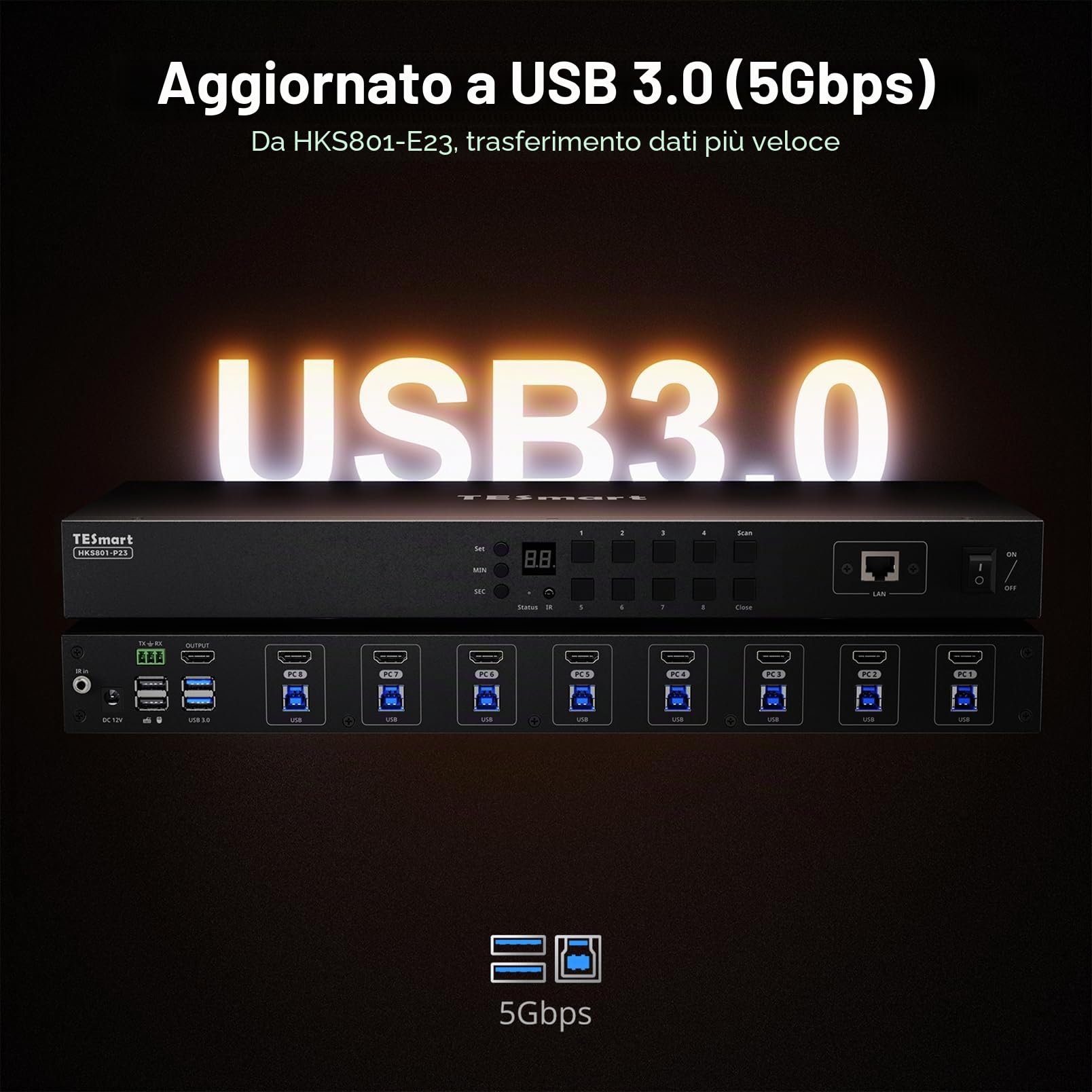 TESmart 4K@60Hz HDMI KVM Switch 8 Porte, HDMI 2.0 e USB 3.0, Switch KVM per 8 PC e 1 Monitor, EDID, Hotkey, Modalità Auto-Scan e Auto-Detect, LAN/RS232, Telecomando IR, Include 8 Cavi KVM PC