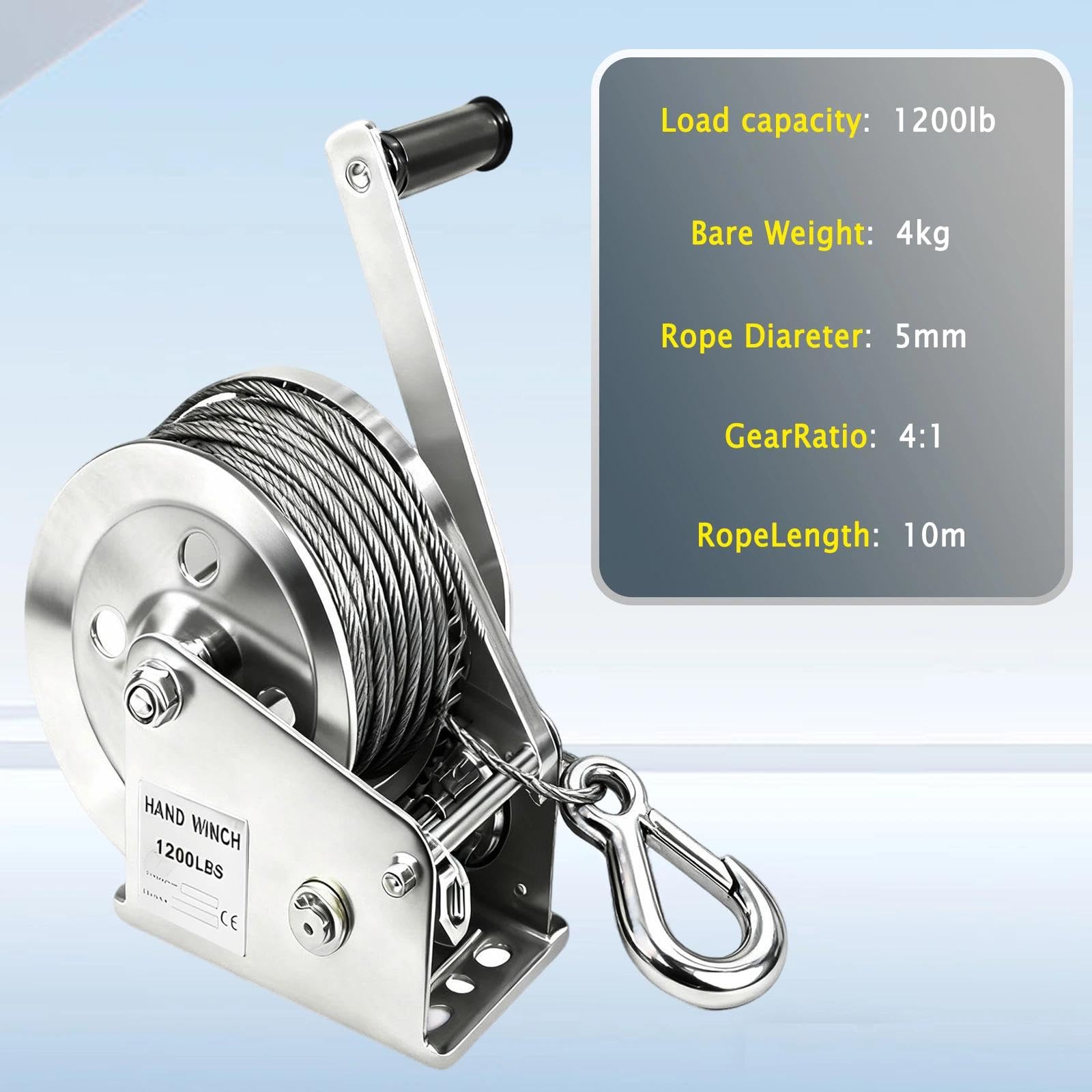 Verricello Manuale acciaio inox 1200lb, Verricello Manuale Piccolo con Freno Automatico Argano con Fune in Acciaio da 10m, Argano Manuale a Fune per Traino, Sollevamento, uso Esterno