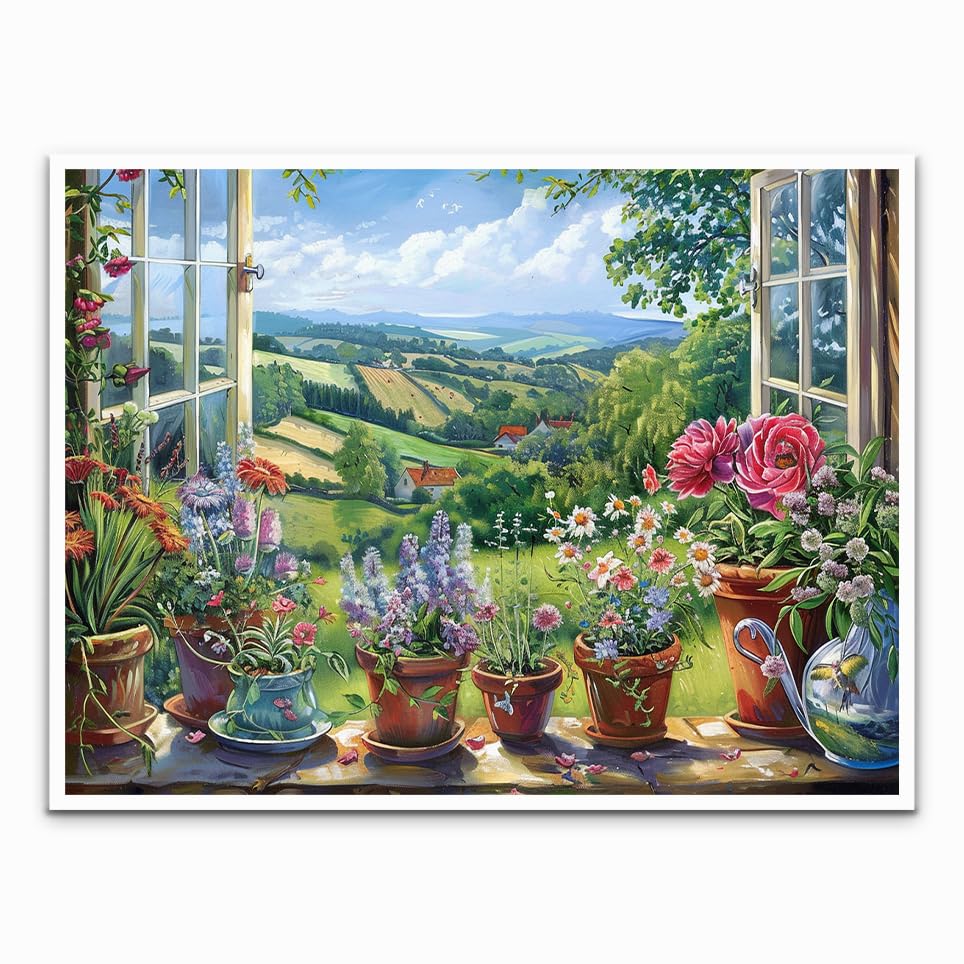 Generic Window view Wall art English countryside and garden flowe...