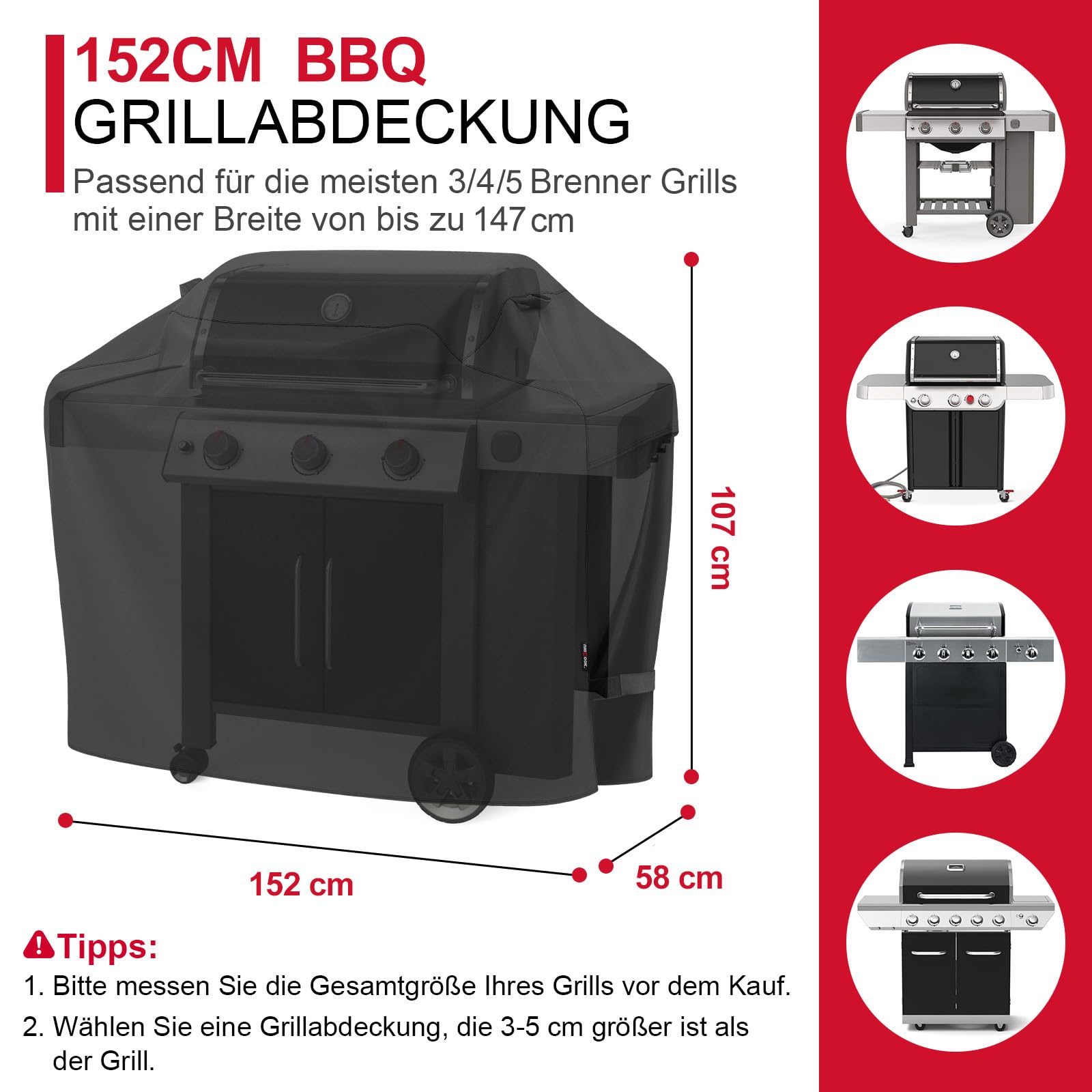 Unicook Grillabdeckung Wetterfest 152 cm - Grill Abdeckung für Weber Genesis 300 Serie, Gasgrill Abdeckhaube wasserdichte Grillhaube für Outdoor, 152X58X107cm