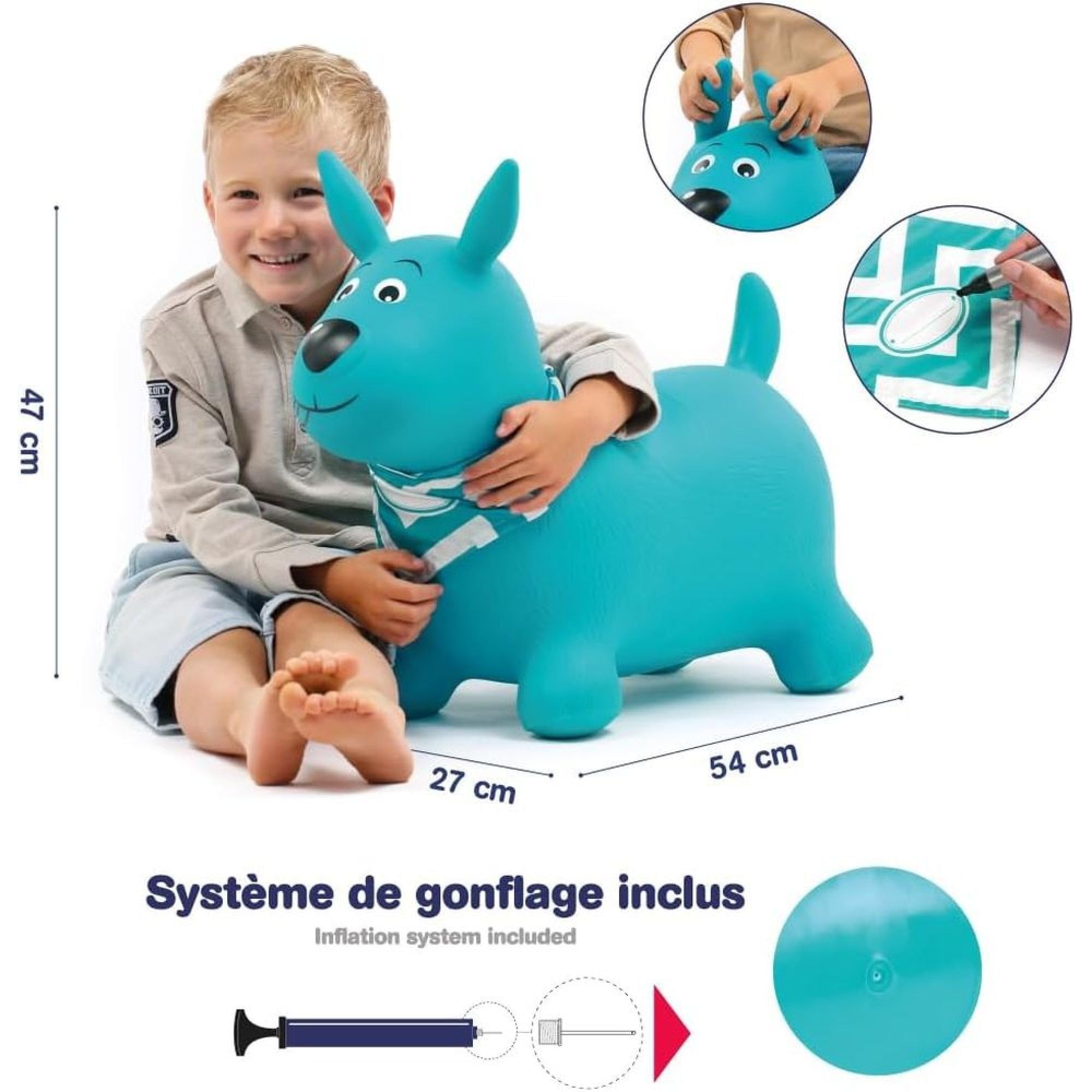 Ludi – Perro Saltador Azul – 58 x 27 x 48 cm – Juguete dinámico de PVC con Asas ergonómicas y Bandana Personalizable – para Interior y Exterior – Incluye Sistema de inflado – a Partir de 10 Meses