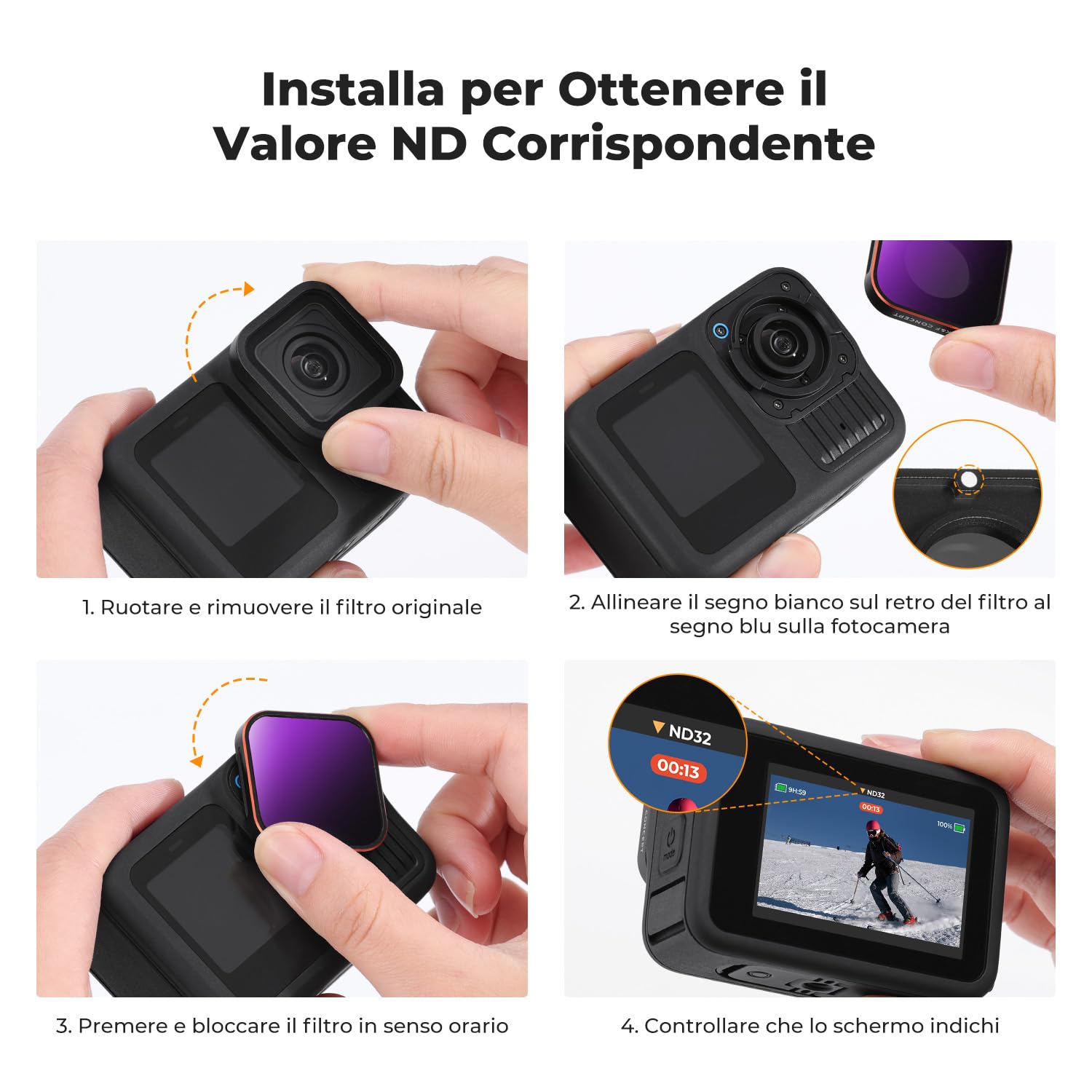 K&F Concept 4 Pezzi Kit di Densità Neutra ND Filtri per GoPro Hero 13/12/11/10/9, con Filtro ND4 ND8 ND16 ND32 con 28 Strati di Nano Rivestimento, Fotocamera di Azione Accessori - K&F Concept