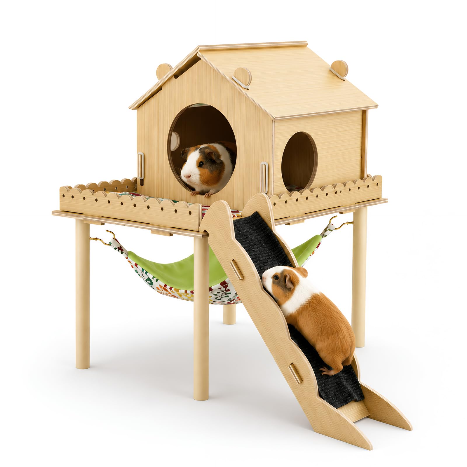 Maison 3-en-1 pour cochon d'Inde, maison pour hamster avec plateforme, escalier, rampe et cachette, accessoires pour petits animaux avec hamac, convient pour lapins, hamsters nains