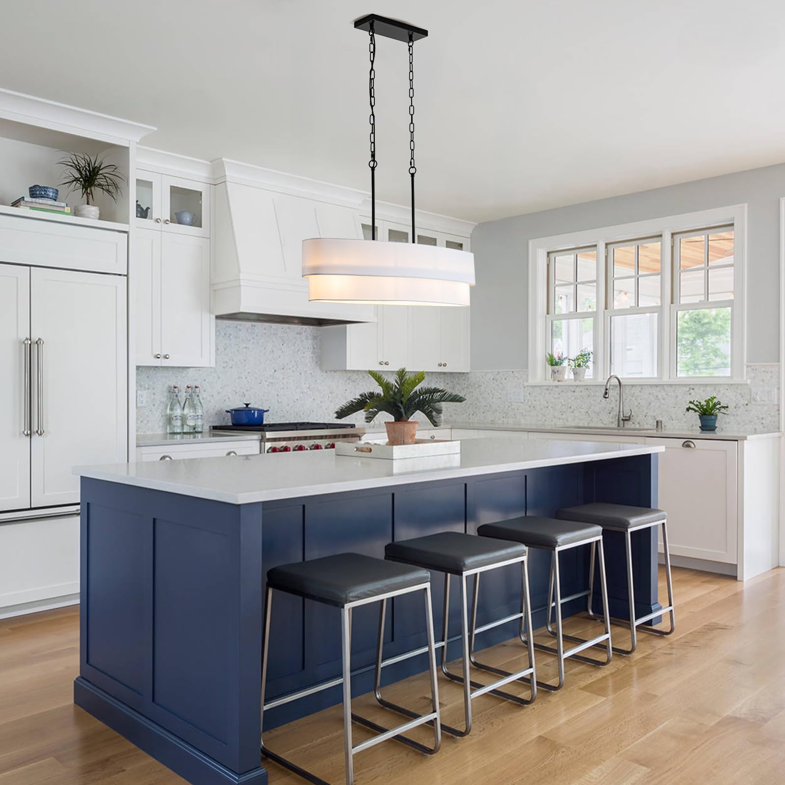 33.4" modern dining room chandelier, 4-light linear chandelier with white double oval linen shade large hanging pendant light for over table entryway foyer kitchen island light fixture, 