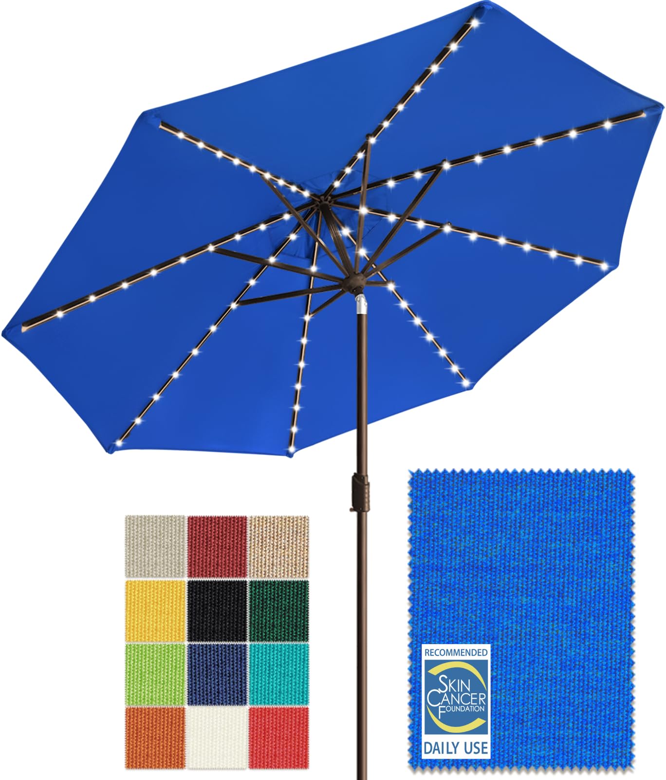 USA 10-Year-Non-Fading Solar 9ft Market Umbrella with 80 LED Lights Patio Umbrellas Outdoor Table Umbrella with Ventilation, Royal Blue