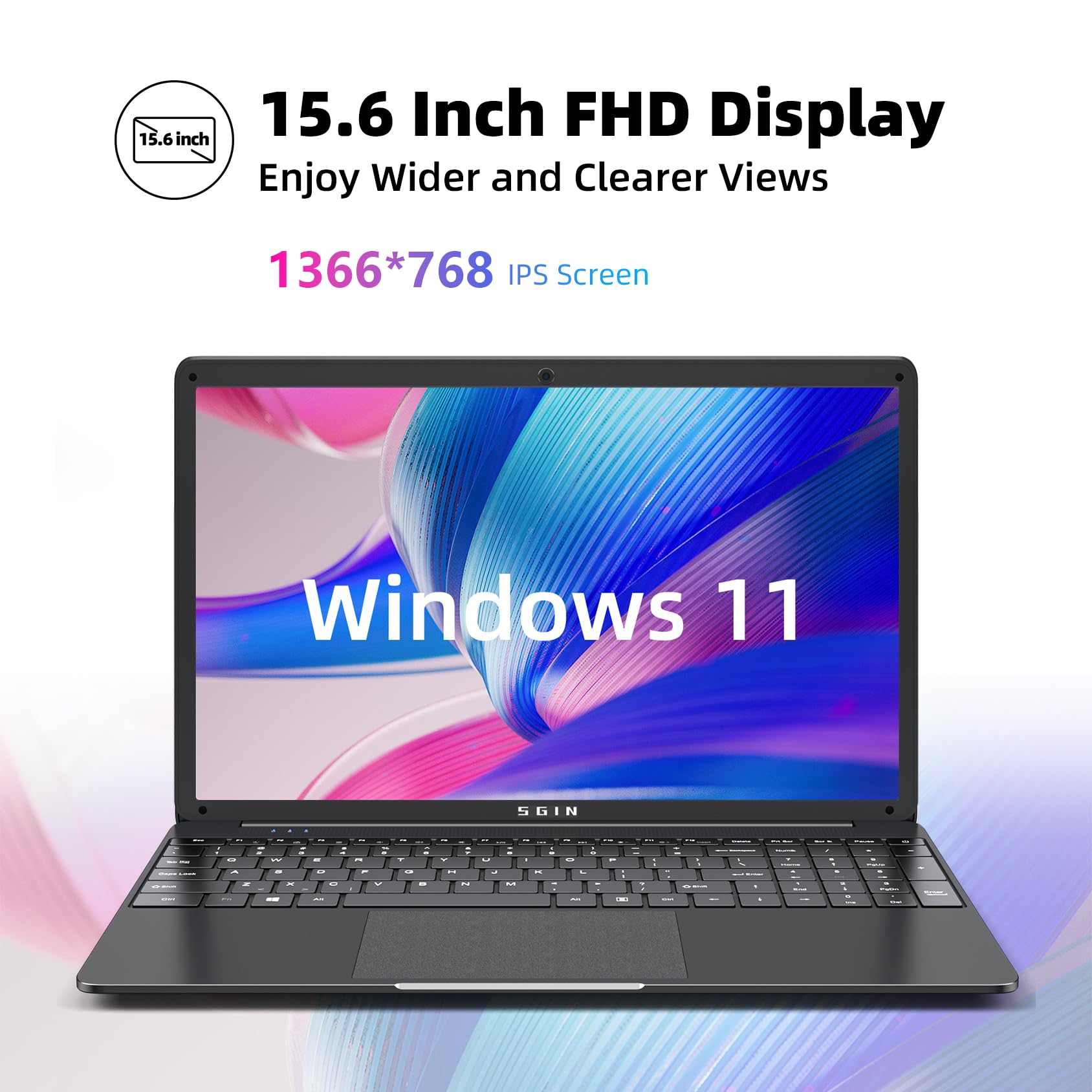 SGIN Laptop 15.6" 8GB RAM 256GB SSD Notebook Celeron Quad-Core 1366x768 2.4/5.0G WiFi Bluetooth 4.2 Memoria espandibile 512GB TF