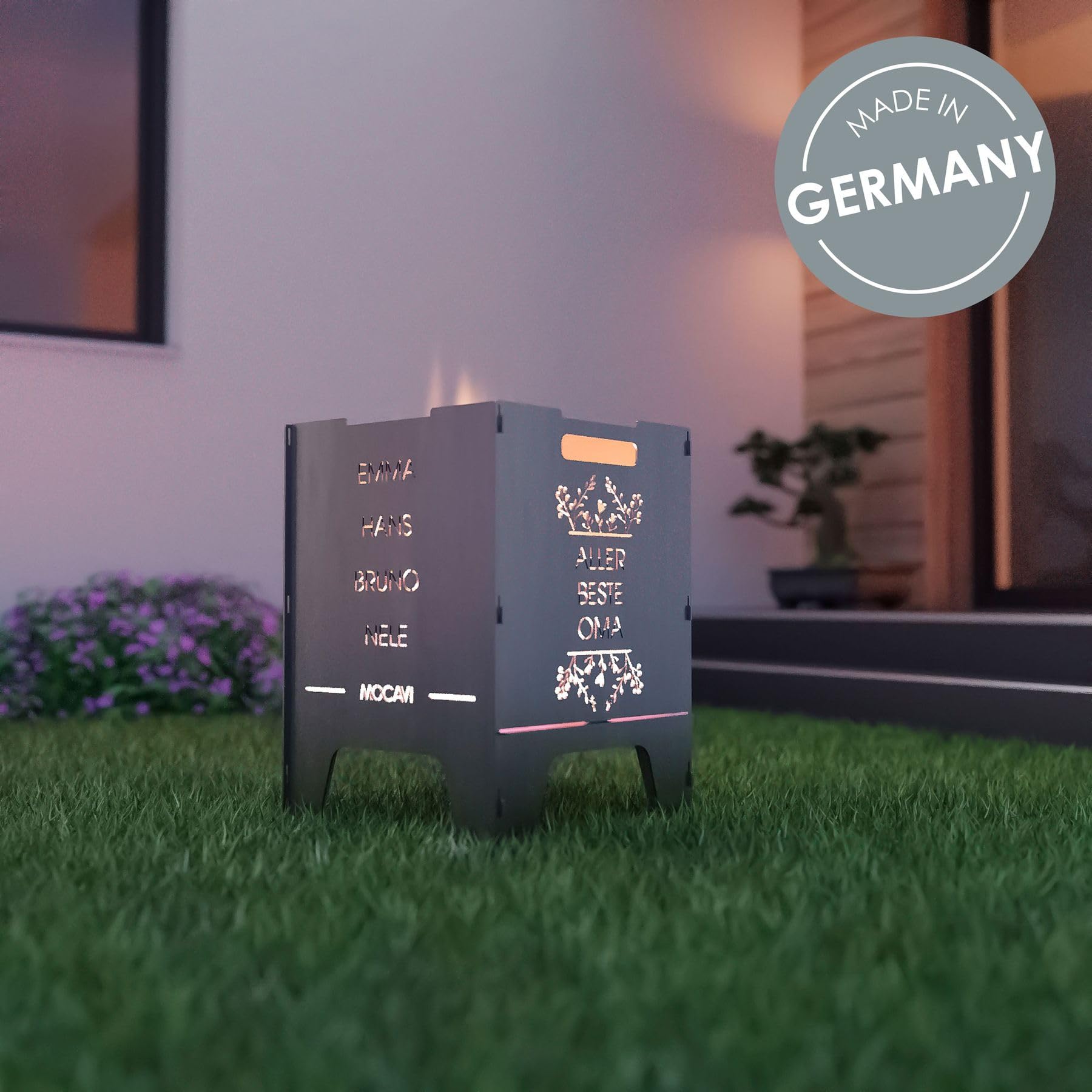 MOCAVI Edelstahl Feuerkorb Beste 52 cm | 3 mm V2A personalisiert Design-Feuertonne für Garten, Terrasse und Balkon Feuerschale Feuersäule massiv sicher quadratisch Feuerstelle Outdoor hitzefest