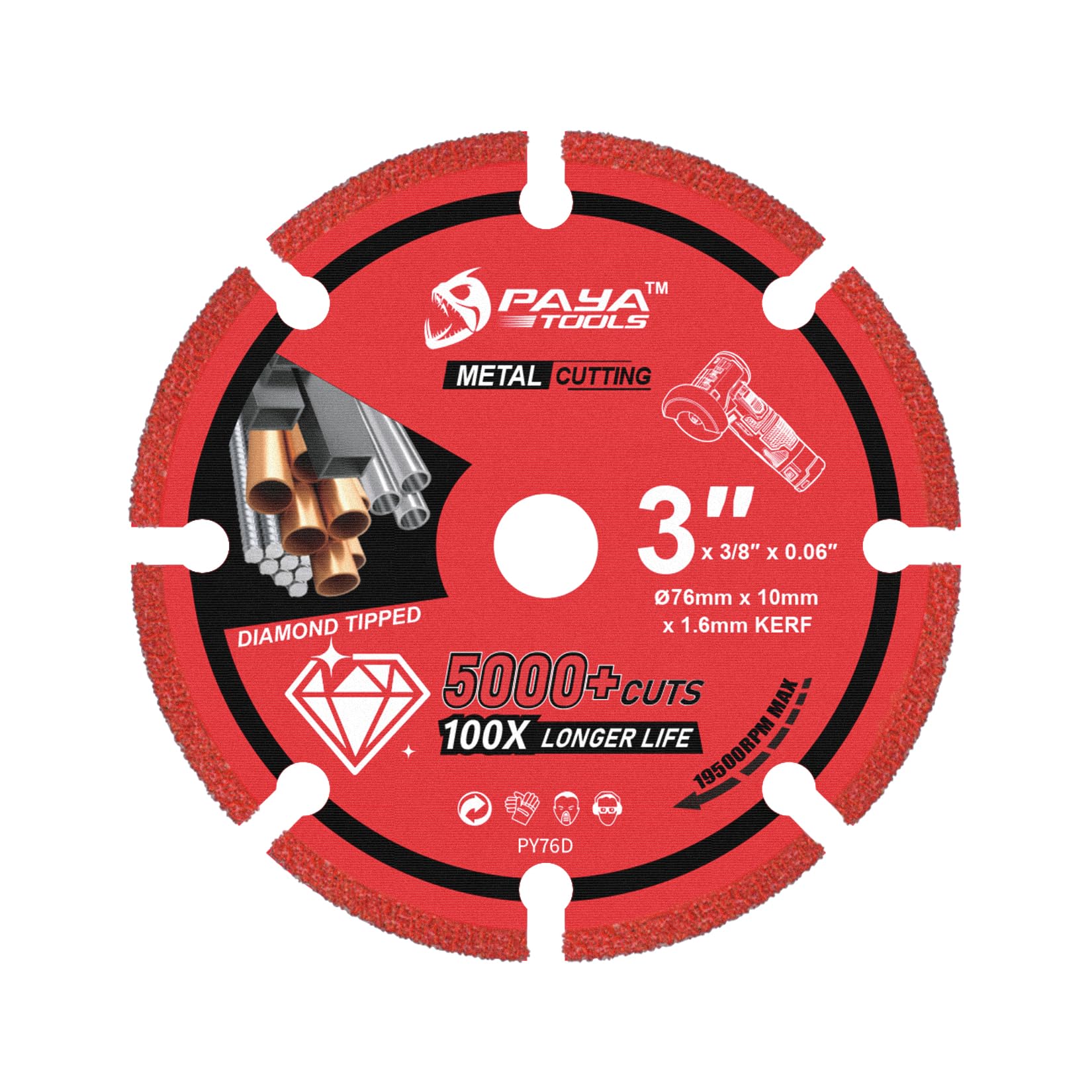 PAYA PY76D 3 x 3/8 Inch Brazed Cutting Disc, Heavy-Duty Blade for Cutting Stainless Steel, Ferrous Metal, Rebar & Iron Pipe, Over 5000 Cuts Lifespan, 1 Pack