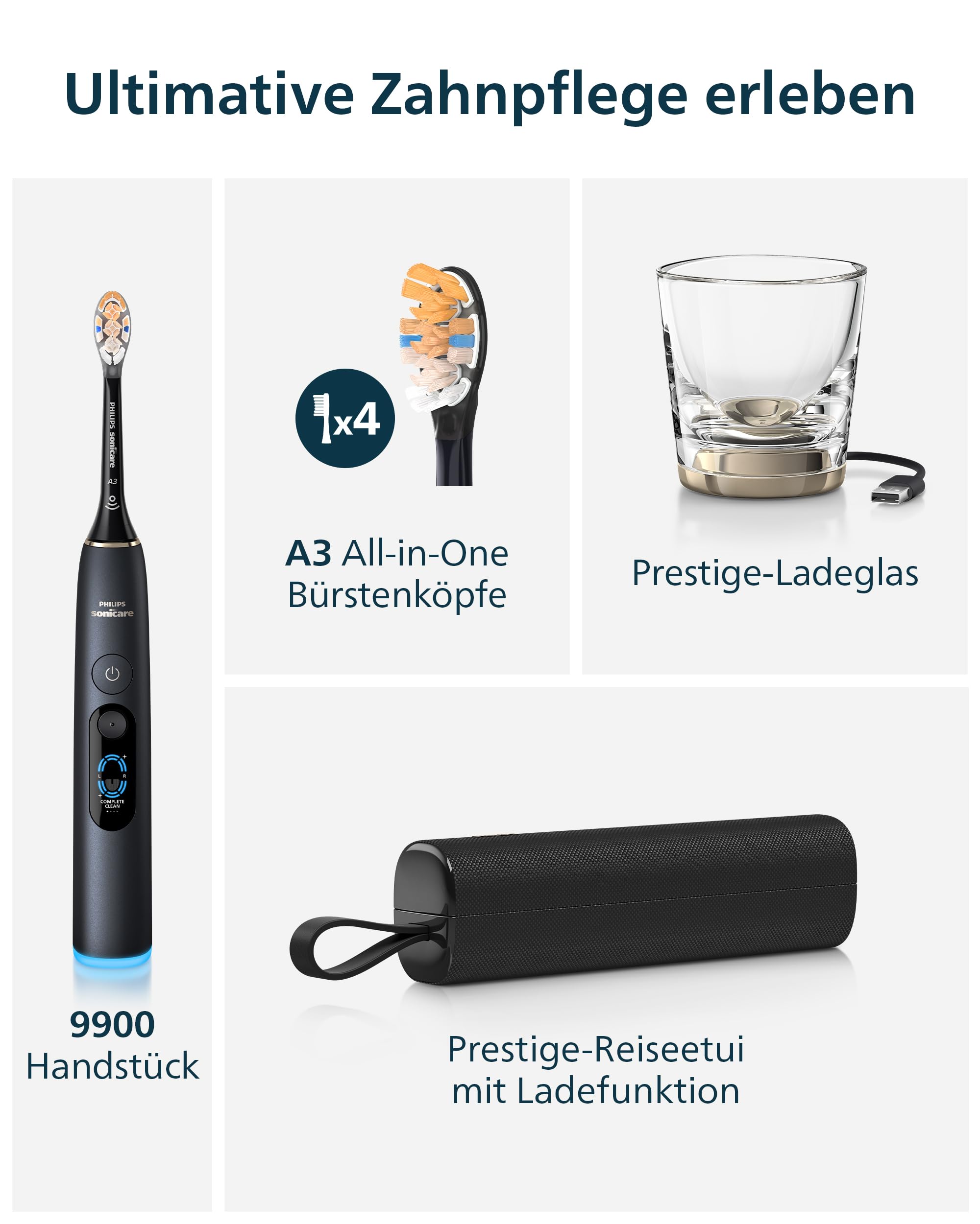 Philips Sonicare Next-Generation DiamondClean 9900 Prestige elektrische Zahnbürste - intelligentes Feedback zur Putzabdeckung, intelligente Andruckkontrolle, 24 Einstellungen, Quarzschwarz, HX9815/92