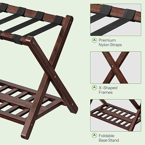 Miniatura 6 de HOOBRO Portaequipajes, juego de 2 soportes de bambú para maleta, portaequipajes plegables, correa de nailon con parte superior, para habitación de