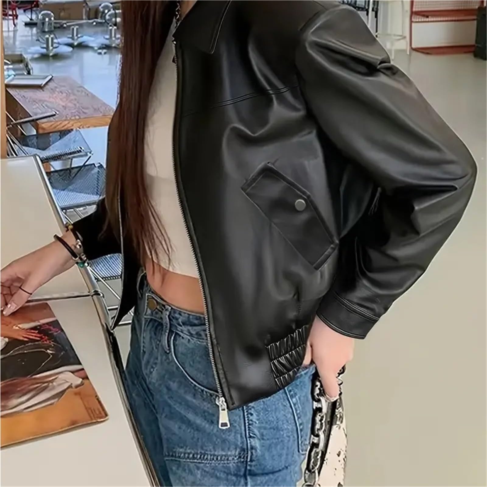 Chaqueta Cuero Mujer Chaqueta corta de cuero for mujer, moda PU, con cremallera y bolsillo for motocicleta Para salir