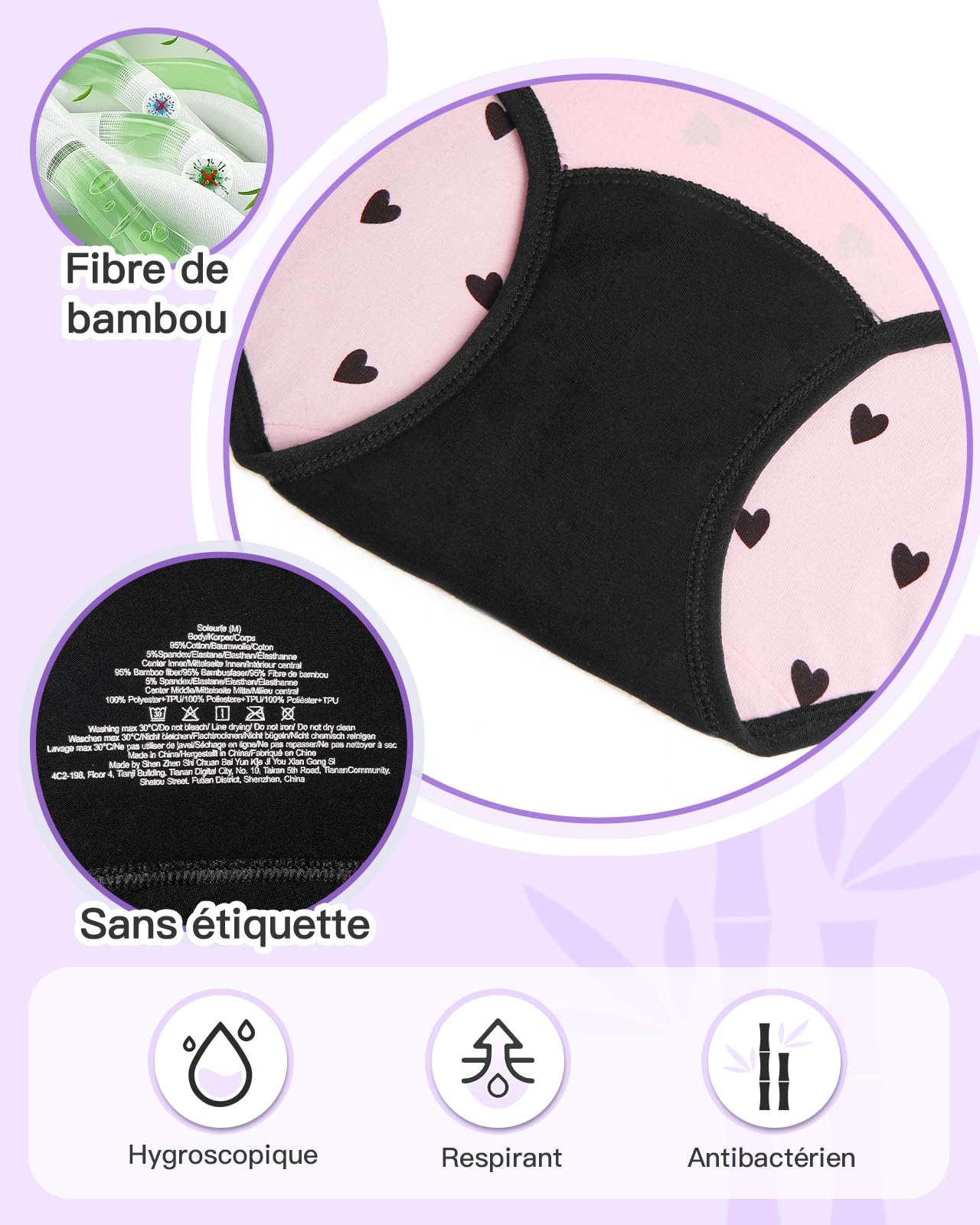 Culotte Menstruelle Adolescente Idéales pour Flux Tres Abondant Culotte Fille en Fibre de Bambou Réutilisable Lavable en Machine avec jusqu'à 12h de Protection Anti-Fuite