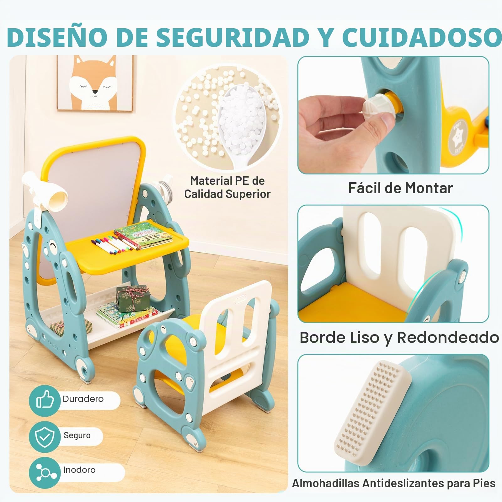 RELAX4LIFE 4 En 1 Mesa de Actividades para Niños con Silla, Caballete para Niños Regulable en Altura con Espacio de Almacenamiento, Pizarra, Telescopio y Juego de Anillos para 1-8 Años