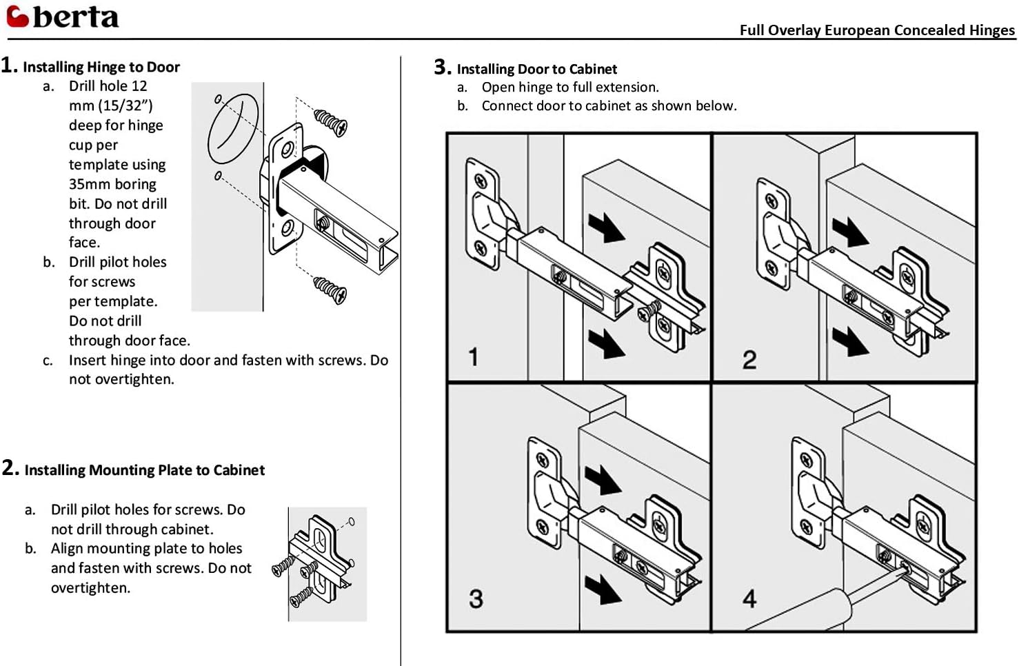 Best Review Berta (60 Pieces) Full Overlay Frameless European Hinges, 105 Degree 2-Cam 4-Way Adjustable Concealed Kitchen Cabinet Door Hinges with Screws