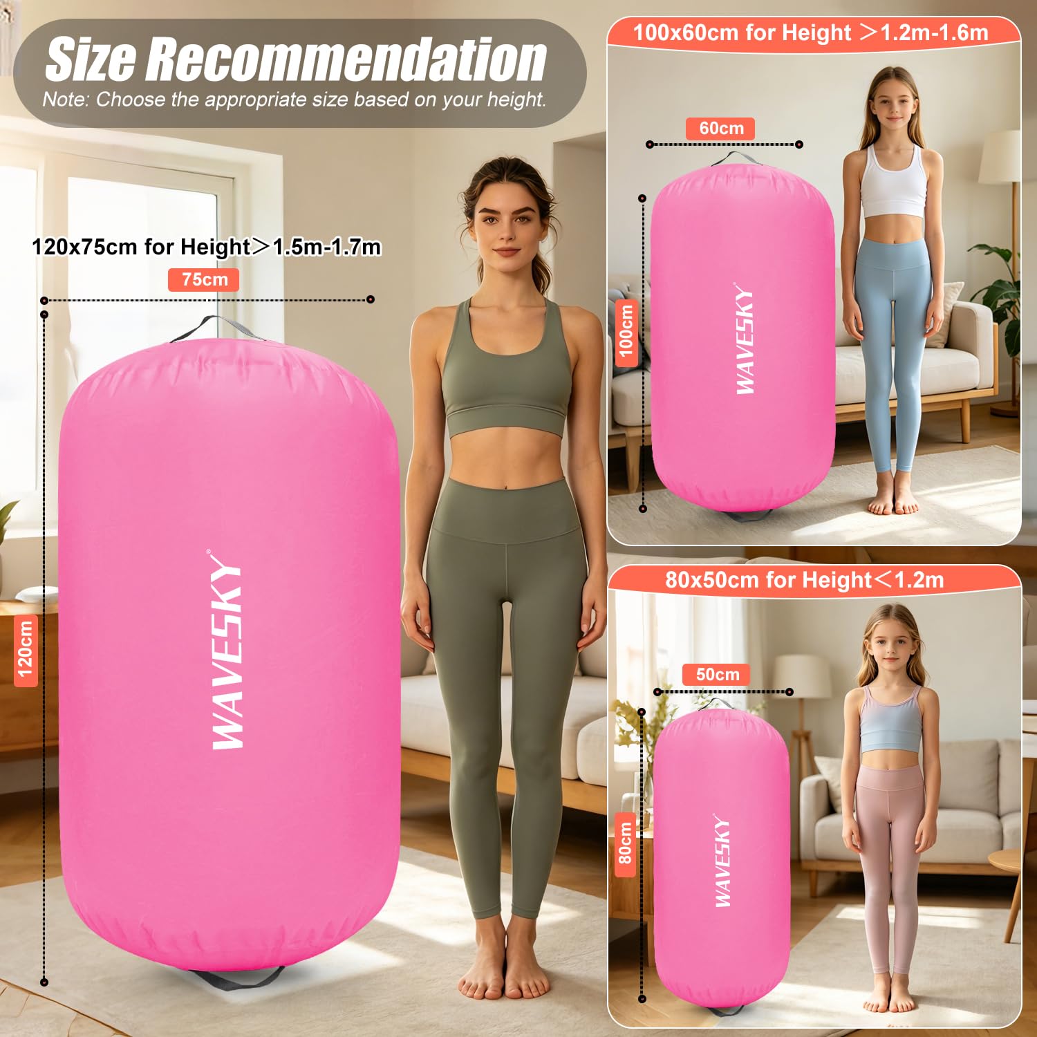 Air Roll Track, 80/100/120 cm, Air Roll Ginnastica Tumbling Matte, Air Barrel Tumbling Track per casa, attività all'aperto, fitness, allenamento (rosa, 100 x 60 cm)