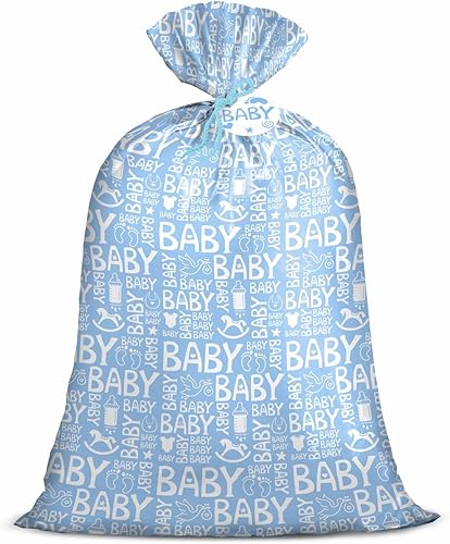 Loveinside Bolsa de regalo de plástico grande grande color azul, bolsa de plástico con etiqueta y corbata para cumpleaños, baby shower y vacaciones,