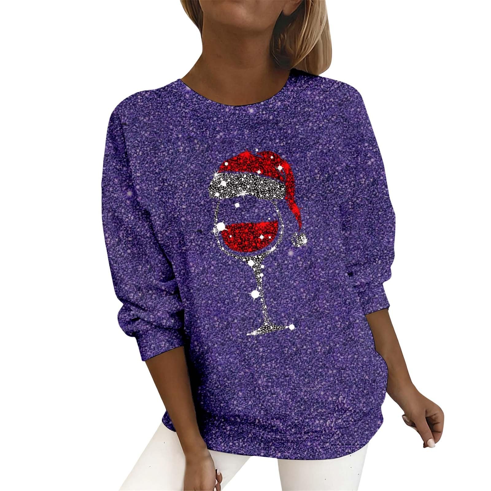 Sudadera de Navidad para mujer, clásica, cuello redondo, túnica, vintage, para vacaciones, copa de vino, estampado deportivo, ropa deportiva joven