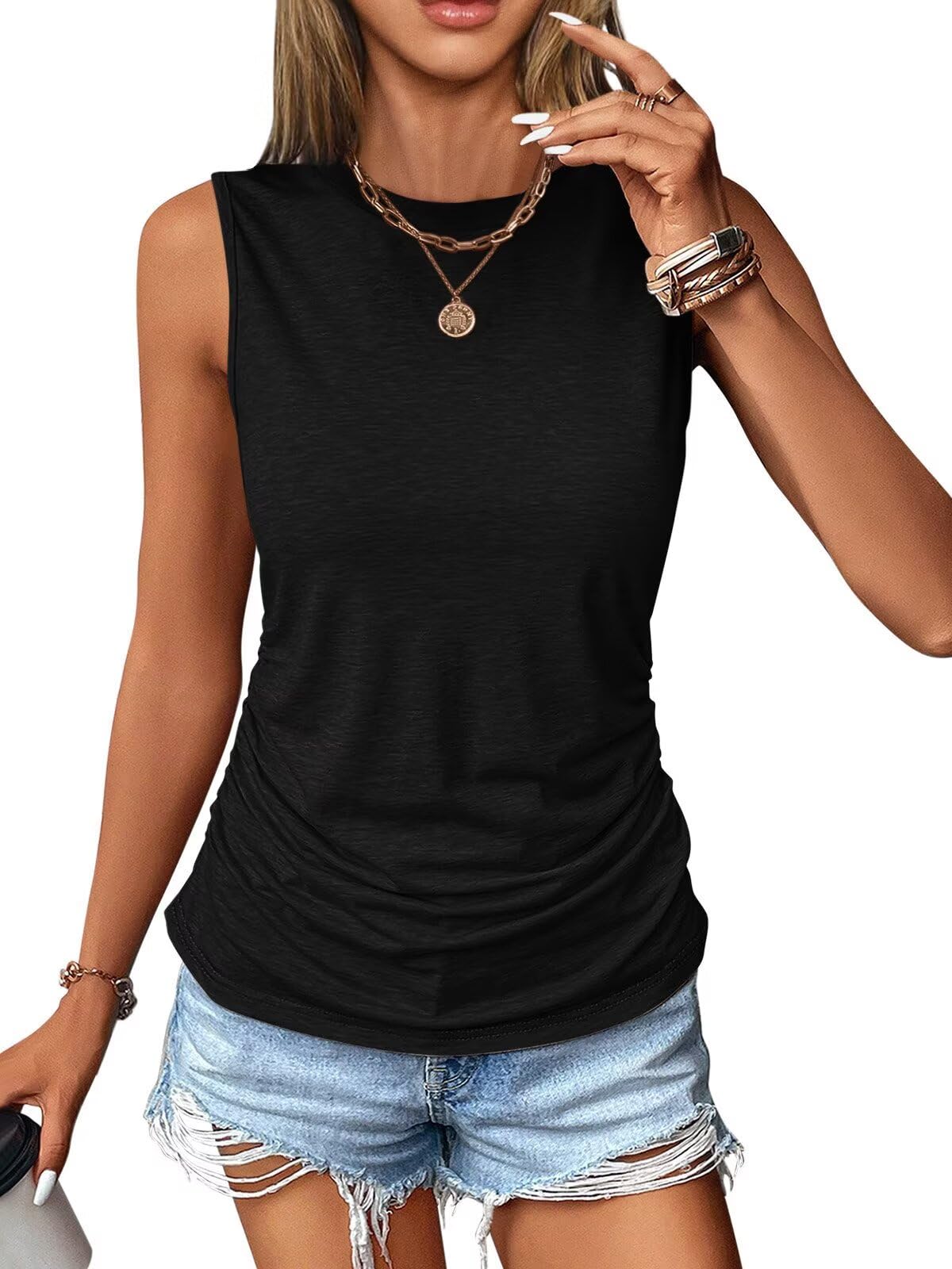 Womens Ruched Tank Tops Crewneck Sleeveless Shirts Slim Fitted Top Dressy Casual Summer Trendy Clothes 2025