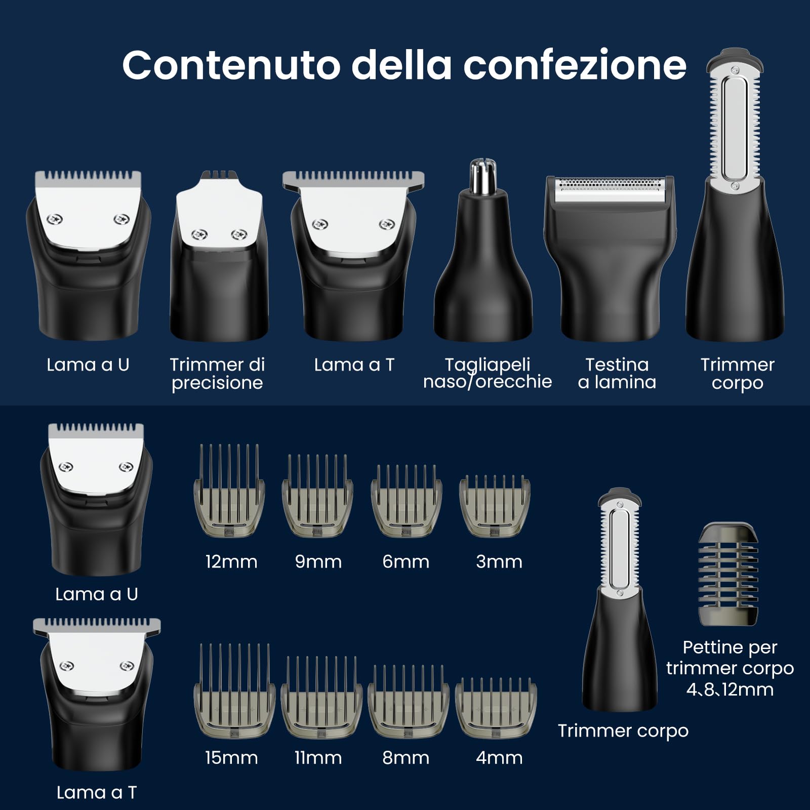 MAXGROOM Regolabarba Uomo 6 in 1, Rasoio Elettrico Barba con Due Velocità 6500/7000 giri/min, 120 Minuti Autonomia, Impermeabile IPX6 Rifinitore Barba con Testina Magnetica, Ricarica USB-C
