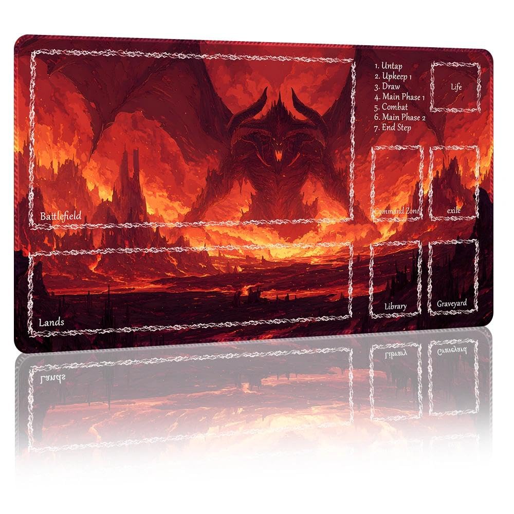 DUNQEO Fantasy Game Mat Compatible with MTG, TCG โ 24โx14โ Playmat with Stitched Edges for Trading Card Games, Board Games & Desk Use(Infernalwing,with Game Zones)